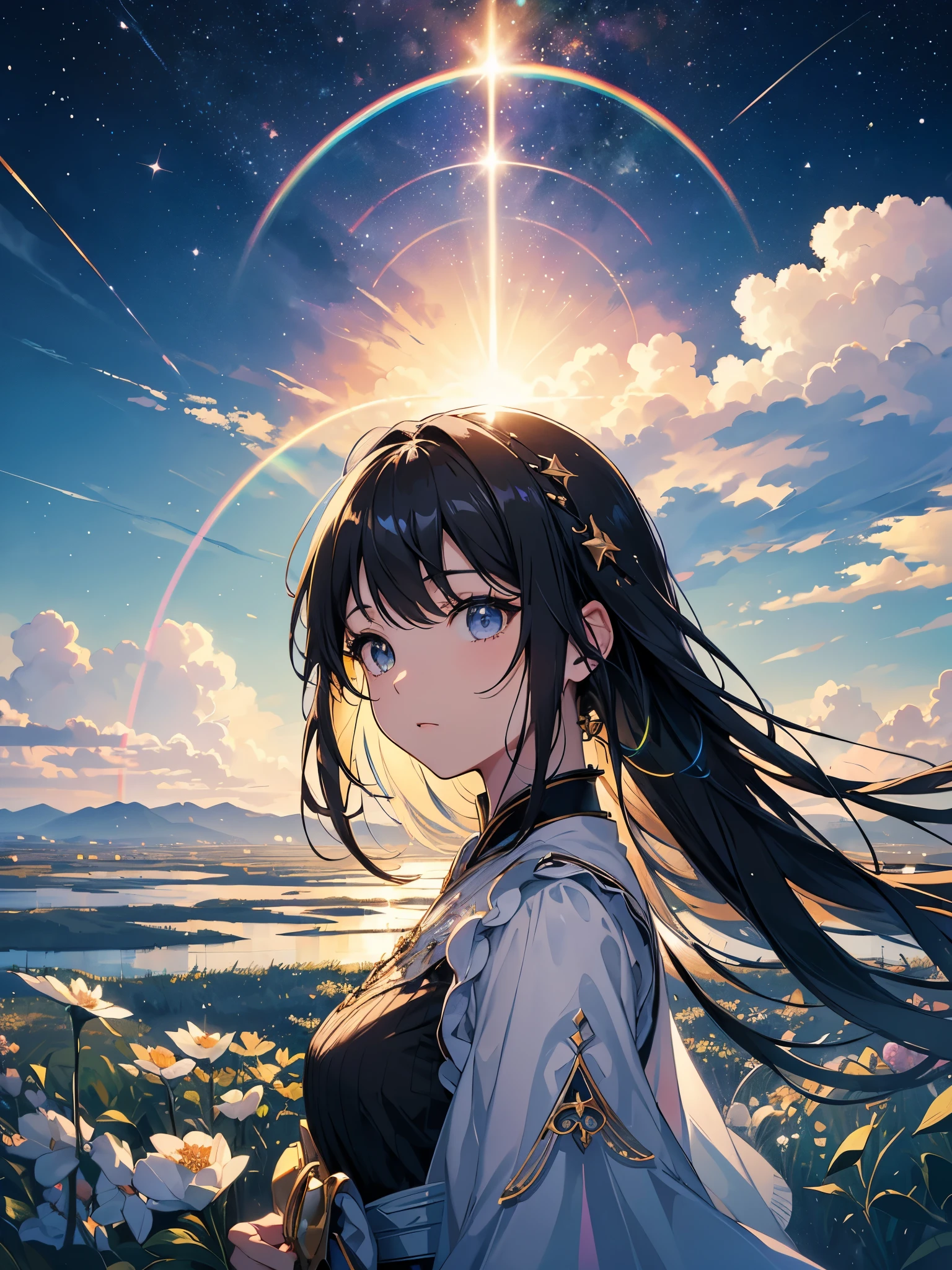 Stars and comets pass by in the vast sky, Beautiful cloud, Black Rose Field, A tree where fireflies and butterflies glow々, A girl looking up at the sky in the middle of a field, (Ultra-realistic), {Highly detailed CG Unity 8k wallpaper}, Photographing vast landscapes, (View from below showing the entire expanse of the sky, Vast open field views), (Low angle shot), (Light: 1.5), (Warm Light source: 1.2), Intricate details, (Iridescent colors: 1.2), (Bright Lighting), (Atmospheric Lighting), dream-like, Magic, (alone: 1.2)(Detailed face:1.3), (Cute Teenage Girl, alone),Beautiful portrait、Delicate body、(Fractal Art:1.3)、Upper body、Respect、pattern、(Rainbow Hair、colorful hair、Half white and half black hair:1.2)、water、liquid、cloud、colorful、They want、graffiti in the background、modern art