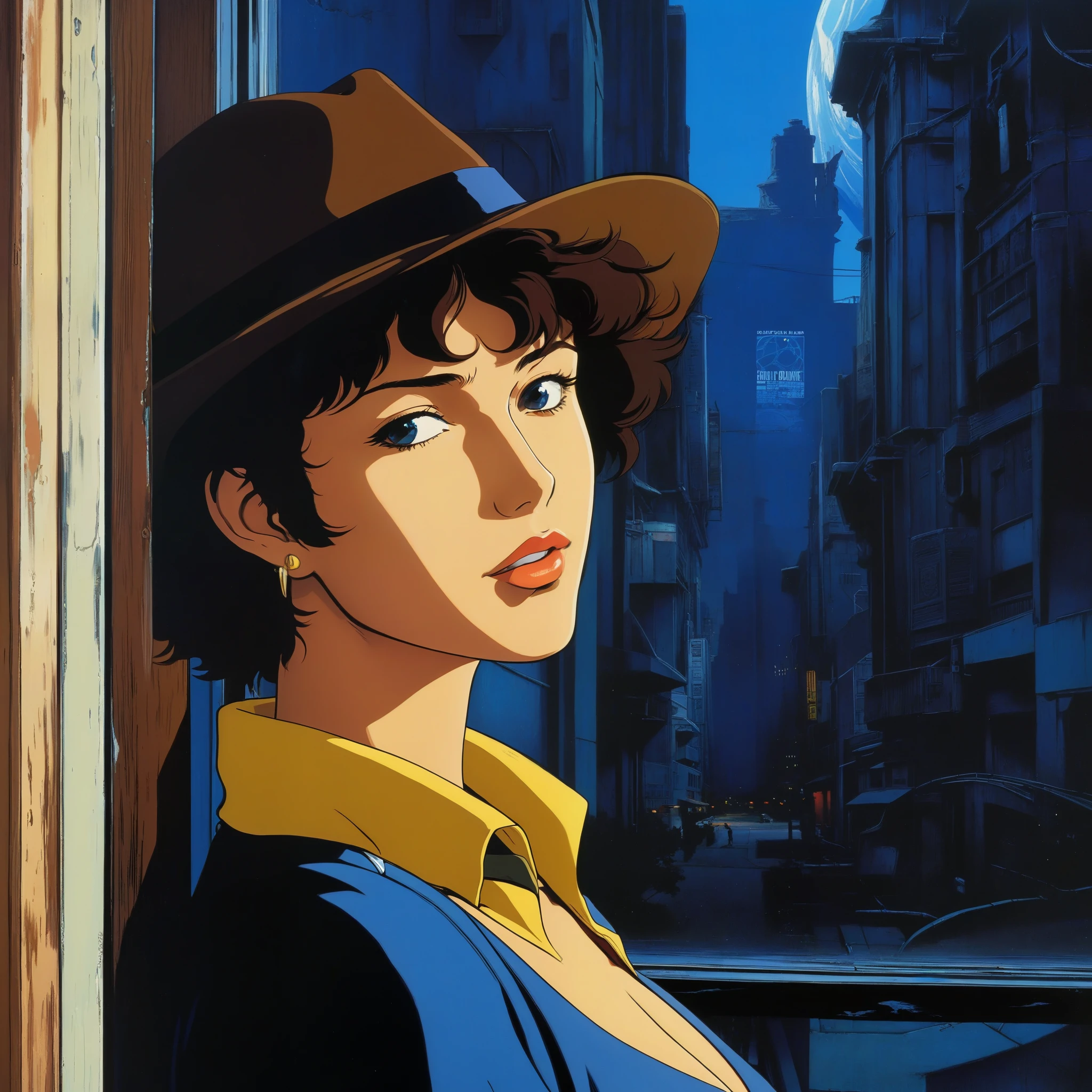 (Best Quality, Masterpiece, High Resolution, HD, Super Detail, Official Art, 90s anime style), Cowboy Bebop, Short Brunette, Rugged Countenance, Piercing Eyes, Cowboy Dress, Cowboy Hat, Revolver, Behind a Large Round Window (Outside the Window is the Giant Blue Planet),