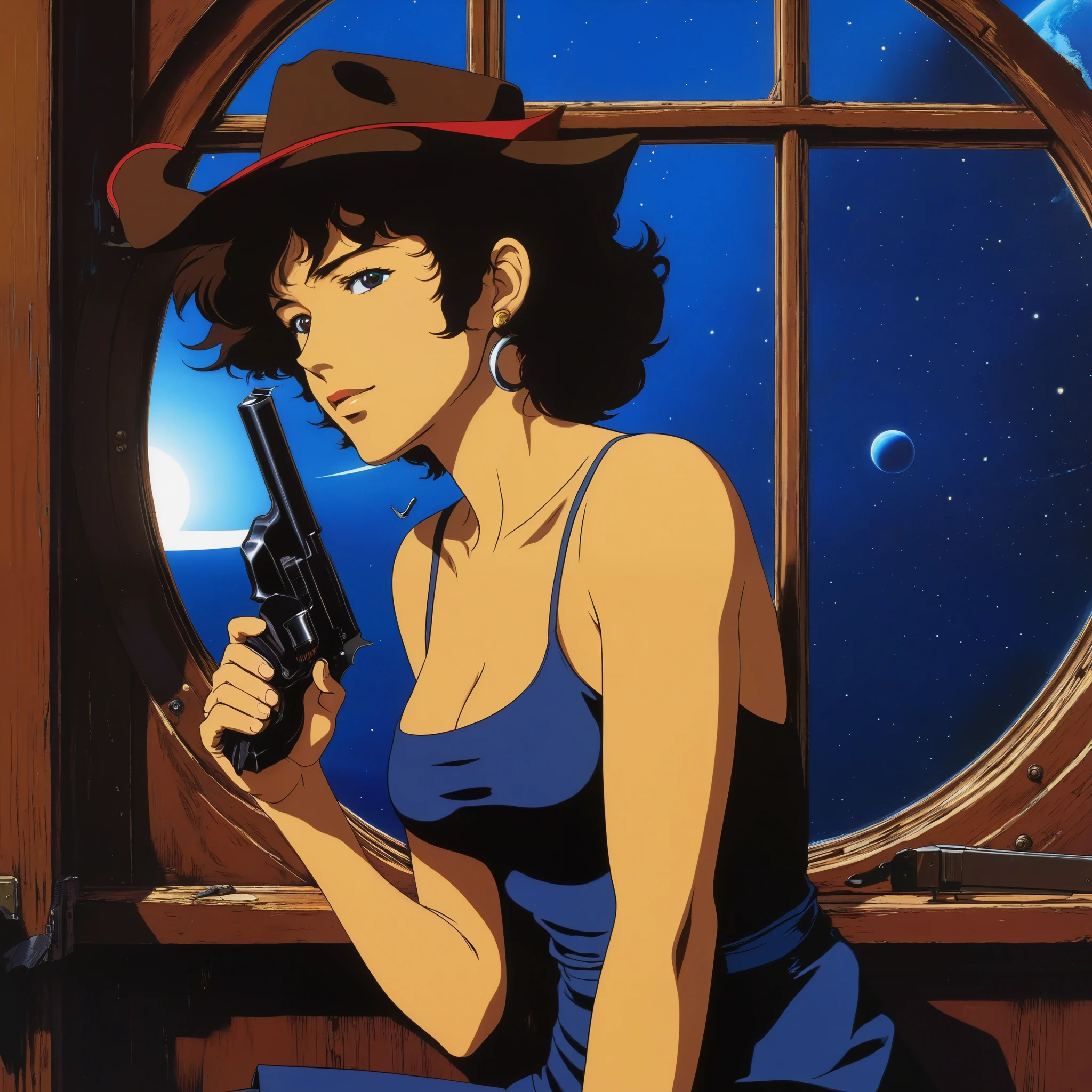 (Best Quality, Masterpiece, High Resolution, HD, Super Detail, Official Art, 90s anime style), Cowboy Bebop, Short Brunette, Rugged Countenance, Piercing Eyes, Cowboy Dress, Cowboy Hat, Revolver, Behind a Large Round Window (Outside the Window is the Giant Blue Planet),