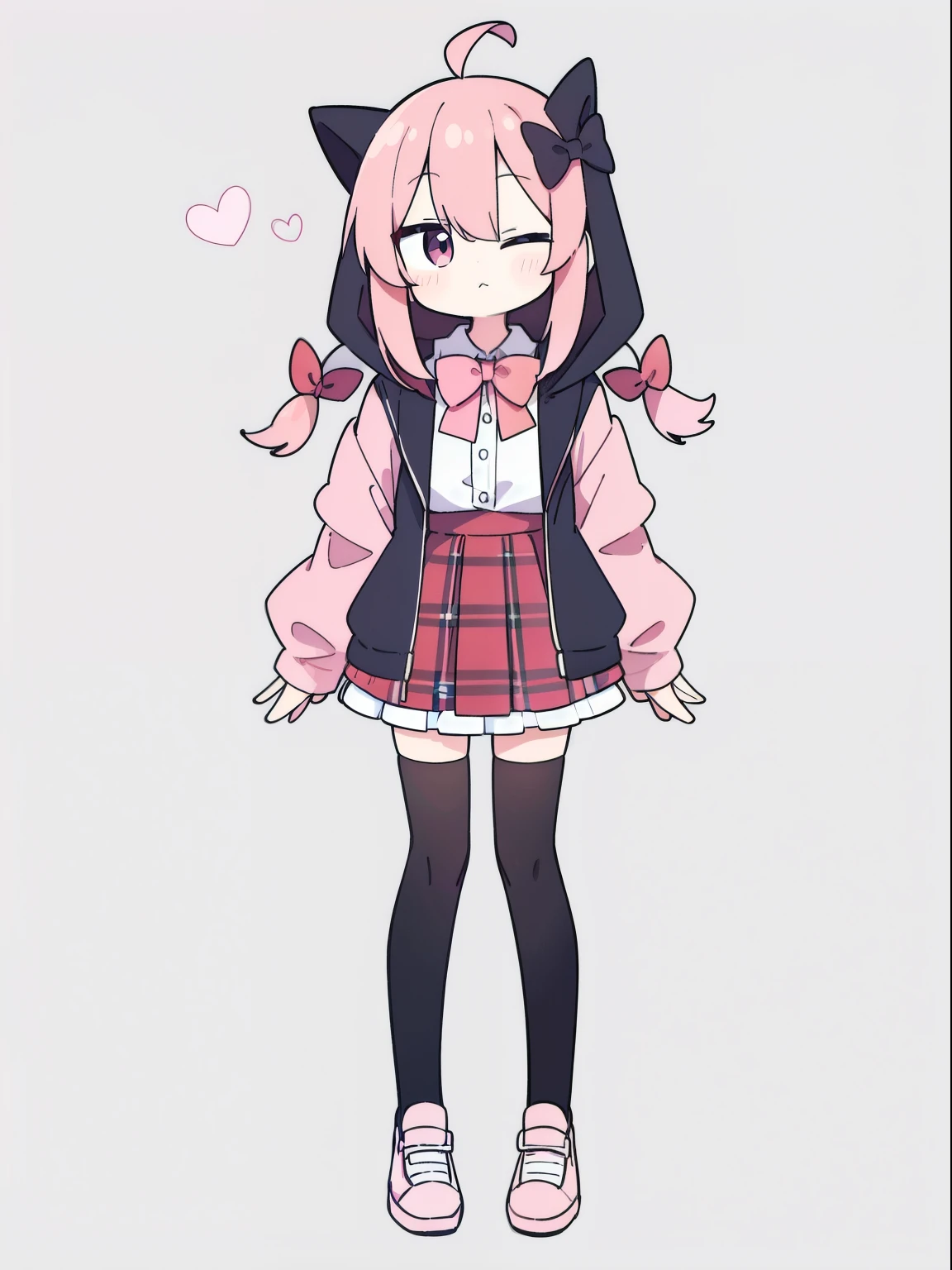 highres 1girl ahoge bobby_pin bow bowtie braid brown_eyess collared_shirt dojikko_Frilly gesture_shirt frilled_shirt_Free joint_skirt frills hair_bow hair_ornament hairpin hand_on_own_heart heart heart_hair_The hood is decorated with a cloth cover._jacket jacket long_hair one_eyes_closed pink pentagram_hair plaid plaid_plaid bow_pleated skirt_skirt shirt shoelaces shoes simple_Background, standing skirt, solo star_(mark) twin_hairเปียวาริซ่าสีขาว_white background_thigh high, Full body