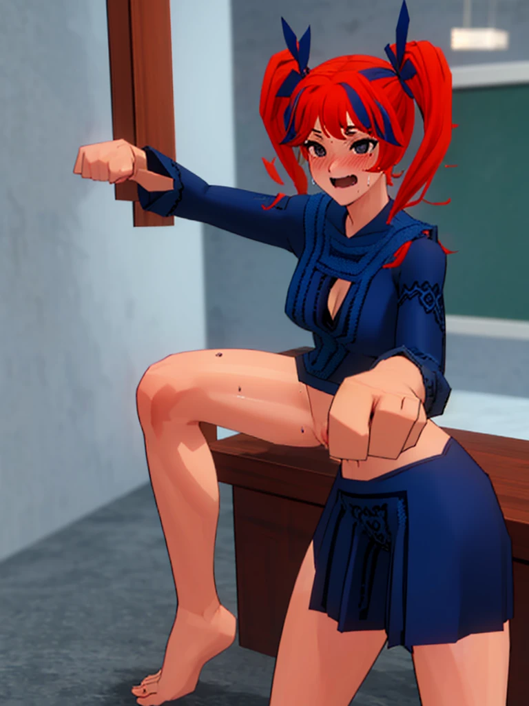 Twintail, red haired, 1girl, (grey eyes1.2), well toned, well built, muscled, toned muscles, (masterpiece), best quality, highres, solo, ribbon, blue ribbon, hair ribbon, suit, skirt, long sleeves, smiling, indoors, classroom background, standing, looking at the viewer, , (showing sweating naked pussy:1.5)、 sitting, spread legs unbuttoned uniform, lingerie, visible bra, lifted skirt, sweating, blushing, aroused, luquid dripping from her vagina, exhaling steamy air, (touching her pussy:1.2), (reaching climax:1.5)