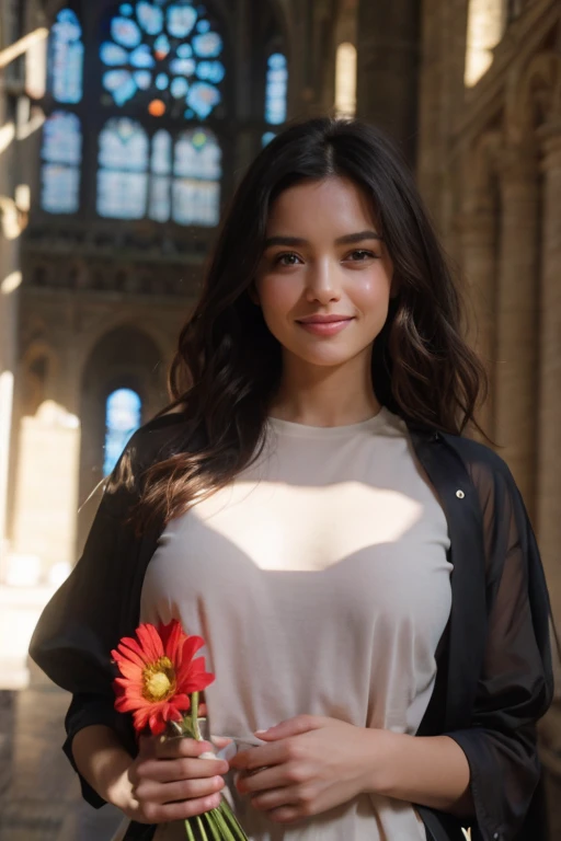 (Develop a smile, flower, White background, grin, Shirt, Looking at Viewer, Simple background, bouquet, Upper body, Red Shirt:1.3), A (Selfie:1.2) Cute (young:1.5) 1girl in, (Teenage:1.5), skin gloss, Rembrandt lighting, (CMYK Hair,  Wavy Hair:1.36), Expressionless photo of passport, identification papers, (close to viewer, POV:1.1), Small breasts, From  above, Dinamic Light, day light, Sunshine,  (freckle:0.2), (Dark mole:0.2), (Skin spots, acnes, Skin blemishes, age spot, lanugo:0.2), (At Notre Dame Cathedral:1.3) Natural Hand 2-3500
Movie angle, (Cinematic_light, Cinematic_shadowy, Bokeh, depth of fields:1.2),, Natural Skin Texture, Hyper-Realism, nffsw, hyperdetails, Raw photo, Photorealistic, Best Quality, hight resolution, Realistic, 8K, Caustics, Dinamic Light, Beautiful and delicate lips, Delicate fingers, Detailed pupil, Real Human Skin, open shirt showing breast naked 