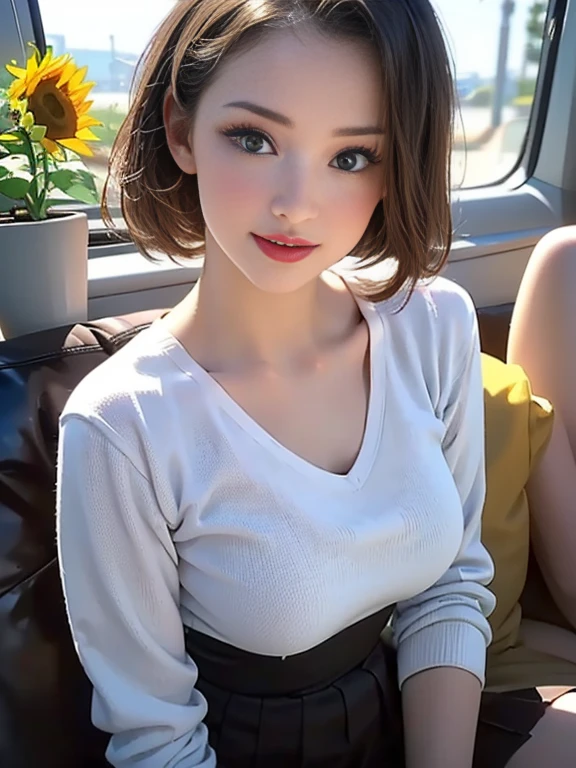 (Ultra-realistic), (figure), (High resolution), (8k), (Very detailed), (Best figure), (Beautiful and detailed), (Highest quality), (Super detailed), (masterpiece), (wallpaper), (Detailed face), alone, One Girl, watching viewer, Trendy clothes,Less exposure、Fine details, Detailed face, In the Dark, Deep Shadow, Modest, Pure Erotic Face Ace_v1, cool, short hair, Pointed diagonal bangs,on the train、Looking out the window、Beautiful Swiss landscapes