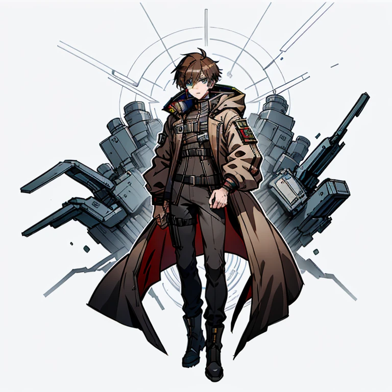  top quality, best quality, human Male , Pointy hair , wearing cyberpunk  outfit , Brown wearing Jacket , wearing goggles, Liminal Space , wearing Boots , Full body 