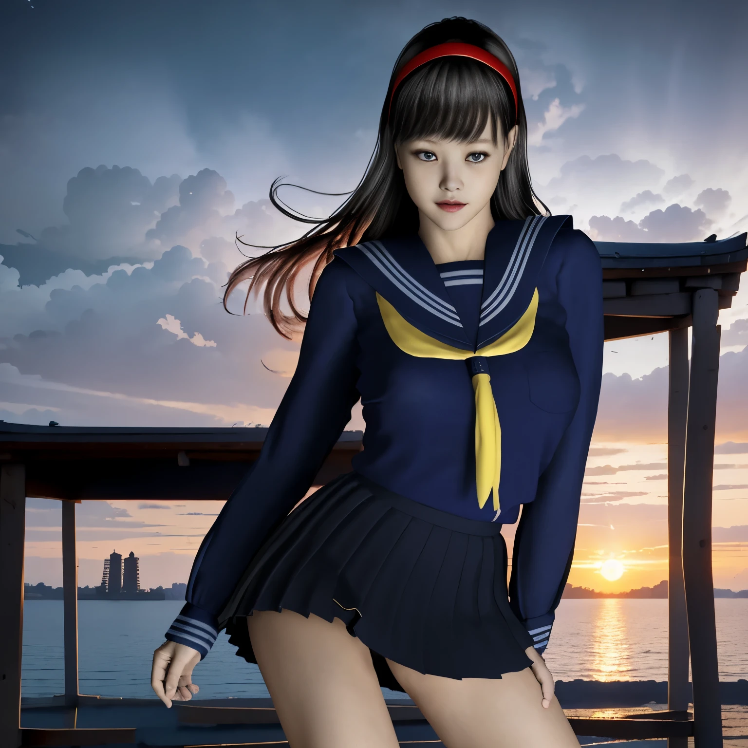 (Detailed CG、Unity、8K Wallpaper)、(Very delicate and beautiful)、(masterpiece)、(highest quality:1.2)、(超A high resolution:1.3)、(Beautiful realistic Asian),Beautiful lighting、Perfect Lightning、Realistic Shadows、Fine skin、Very detailed、Detailed face and eyes、Realistic eyes、Sharp pupils、Huge , In the classroom、School、sunset、Beautiful Face、blurred background、(Japanese women)、Glowing Skin、Side Up、美しいBlack Hair、Blunt bangs、Japan High School Sailor Uniform、Pleated mini skirt、A kind smile, ((Tabletop, highest quality)), (Glowing Skin), Cinematic lighting, Physically Based Rendering, Award-winning, Highly detailed skin, Highly detailed face, Beautiful eyes in every detail, Carl Zeiss 85mm F/1.4, (Cowgirl:1.3), (cumin , on the chest and thighs), she'To a very cute 16 year old , (Black Hair, Straight Long Hair, Open your eyes, Round face), Big cleavage, (sailor blouse, Pull up the pleated skirt yourself:1.3), Watching from afar, (Spread your legs, Thigh Focus),art by、Black socks、Leather shoes、