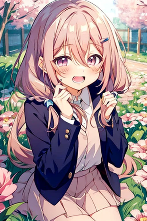 A cute chibi anime the size of a flower in a flower field, long pink hair with twin tails、、Pink twin-tailed hairstyle、Dark Blue Blazer、Pink Skirt、,dark color、primary color、、smile, animation、Laugh out loud on your stomach、Laughs and Tears、、Insanely good laugh、It gushes out、ちびanimation