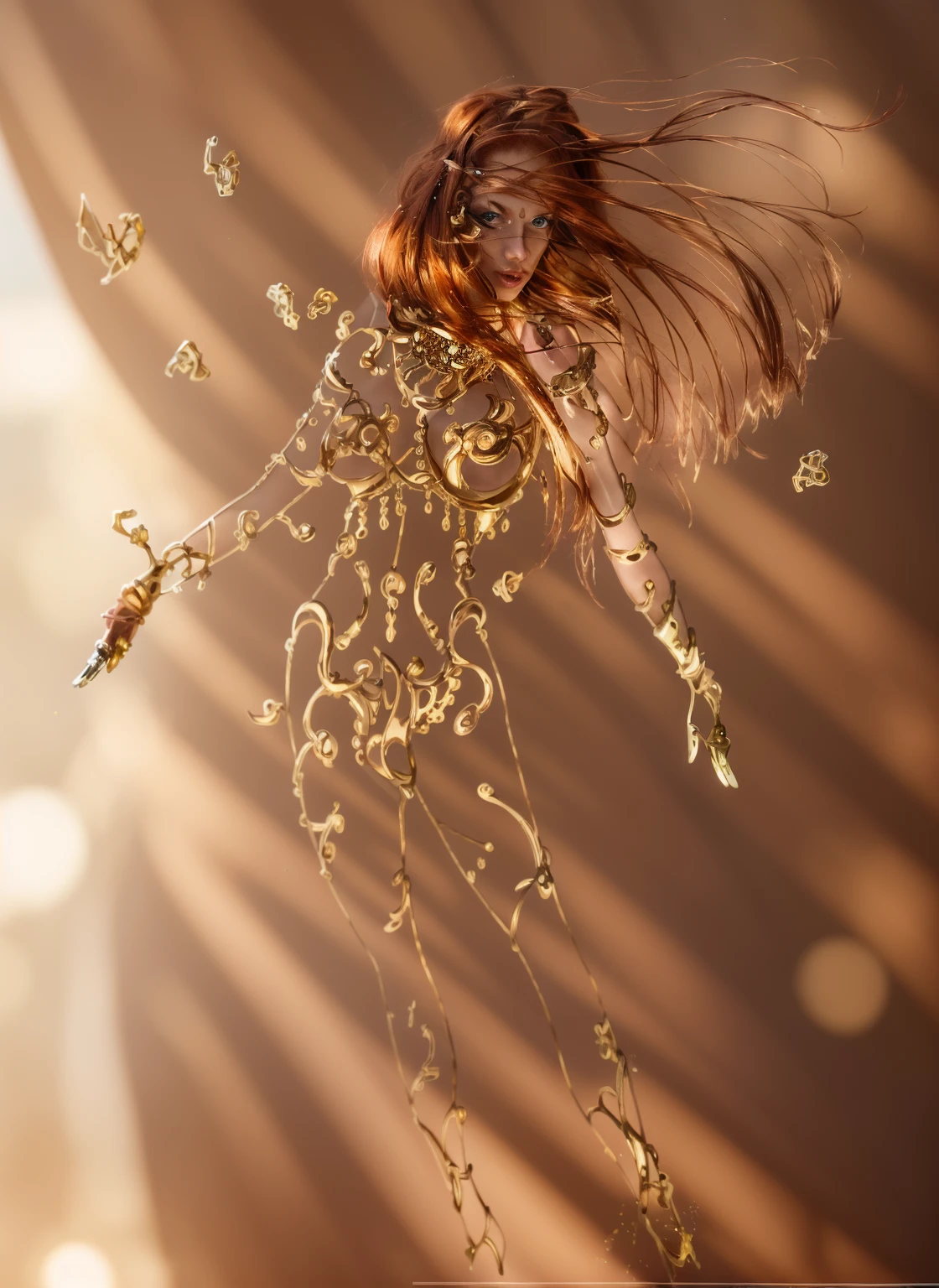 (((ultra realistic))), photo, masterpiece, best quality, trending on artstation, ONE beautiful woman (long dark red hair:1.2), (detailed eyes:1.2), gold body jewelry, no jewelry in hair, heavy eye makeup, mascara, glossy pink lips, detailed hair, long painted finger nails, fingers holding hair, shiny skin, (focus on face and cleavage:1.1), nude, bokeh, depth of field, soft lighting, (play of light and shadow:1.2), ultra detailed, detailed gold jewelry with diamonds floating in blue sky