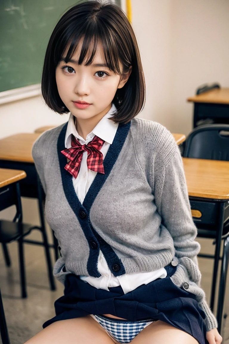 Two high school girls in a classroom、Natural body shape、White skin、Natural Makeup、Black Hair、bangs、Bob short hair and twin tails、((High School Uniform))(((navy blue cardigan、White collar blouse、red school ribbon、Checkered Pleated Skirt、mini skirt)))、((Big Breasts))、(Looking at the camera facing forward)、Full body photo、Exposing your thighs、White socks、Black Loafers、((Lift up the skirt))、(Small size pure white panties)、Focus on the groin、Sit with your legs apart、Very tight panties