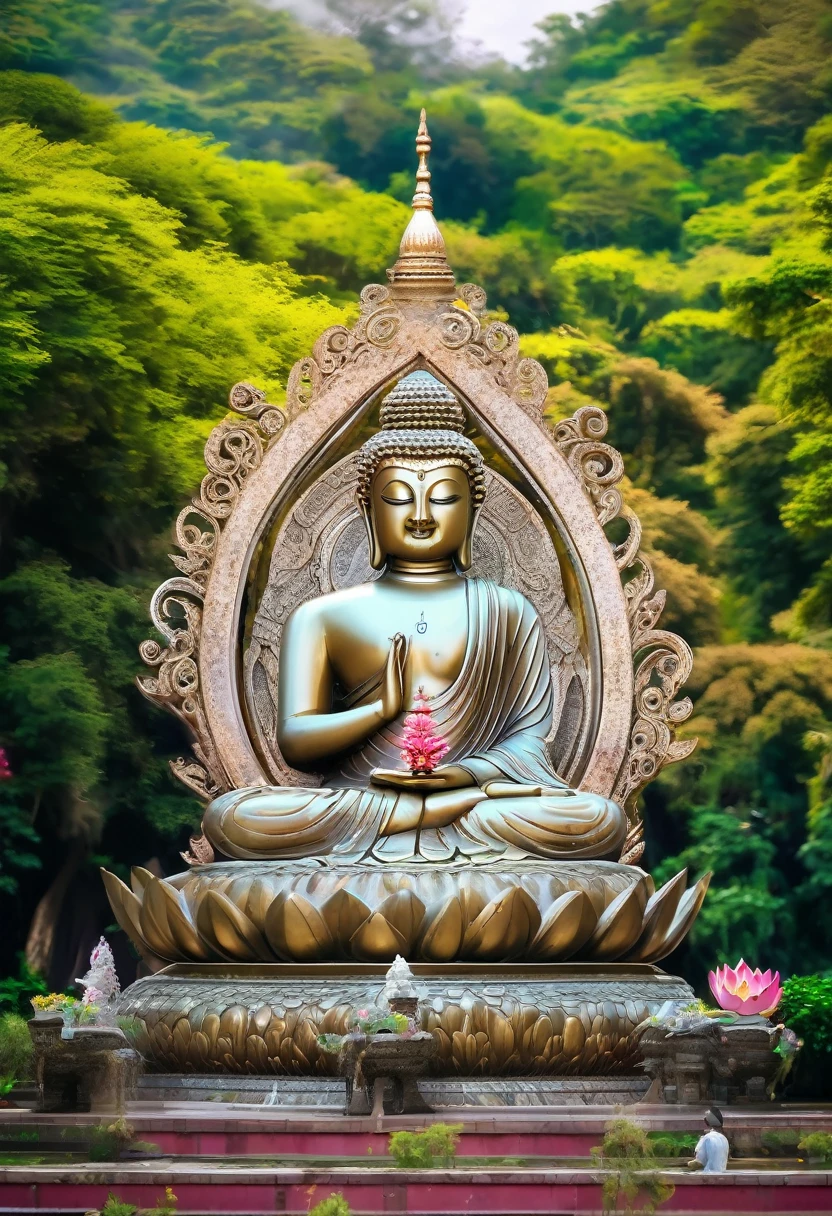 Best quality,8K,A high resolution,Masterpiece:1.2,Ultra-detailed,Sharp focus,Physically-based rendering,professional,Vivid colors,Bokeh,BUDDHA STATUE,Peaceful,serene,scenic landscape,Sunlight illuminating the statue,The gentle breeze rustles the leaves,surrounded by lush greenery,Historical significance,quiet and serene atmosphere,Loneliness and reflection,Historical landmarks,Spiritual journey,Majestic and majestic,Marble texture,Subtle patina,The ethereal glow of the statue,Hint of gold accents,Sublime beauty,Harmoniously balanced composition,majesticpresence,Awe-inspiring,A far-reaching vision,Impressive scale and height,Carved with intricate details,Serene facial expression,Serene expression,Peaceful smile,Lotus flowers around the statue,A glowing halo behind the Buddha,Ethereal and divine existence,Ethereal and mysterious atmosphere,Calm and meditative atmosphere,Peace and tranquility,Huge and magnificent,mahayana,Spiritual enlightenment,Divine Ascension,A sanctuary for tranquil souls,An iconic symbol of spiritual awakening,Sacred pilgrimage site,spiritual significance,The human quest for meaning and enlightenment