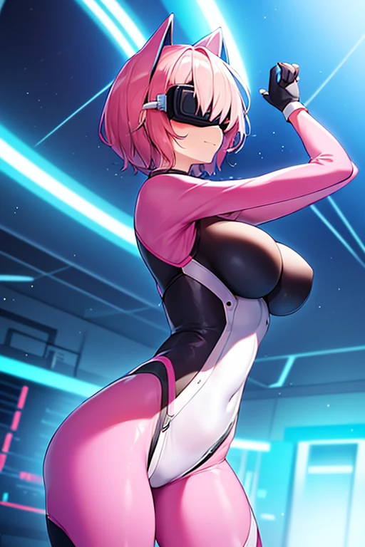 1girl, pink hair, very short hair, vr visors, visors, head-mounted display, ((covered eyes)), covered eyes, bodysuit, blue bodysuit, science-fiction, machinery, futuristic, tech, whit3 trim, blue neon trim, neon, neon trim, breasts, hourglass figure, mature frmale, large breasts, thick thighs, wide hips, swaying hips, hip sway, sway, arms behind back, arms up, hands behind back, smile, back, dance
