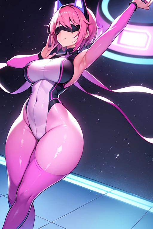 1girl, pink hair, very short hair, vr visors, visors, head-mounted display, ((covered eyes)), covered eyes, bodysuit, blue bodysuit, science-fiction, machinery, futuristic, tech, whit3 trim, blue neon trim, neon, neon trim, breasts, hourglass figure, mature frmale, large breasts, thick thighs, wide hips, swaying hips, hip sway, sway, arms behind back, arms up, hands behind back, smile, back, dance