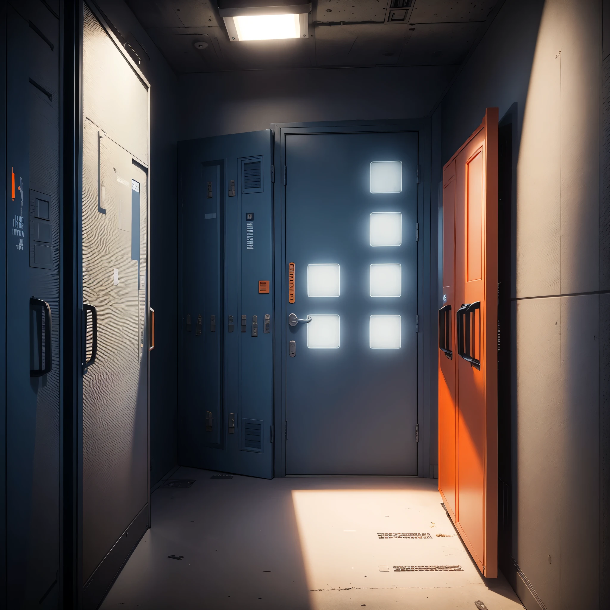 the call of duty armory is a dark room with white lights and not windows, there are weapon cases, military boxes in blue color, military boxes in orange color, no people, there is many smoke,