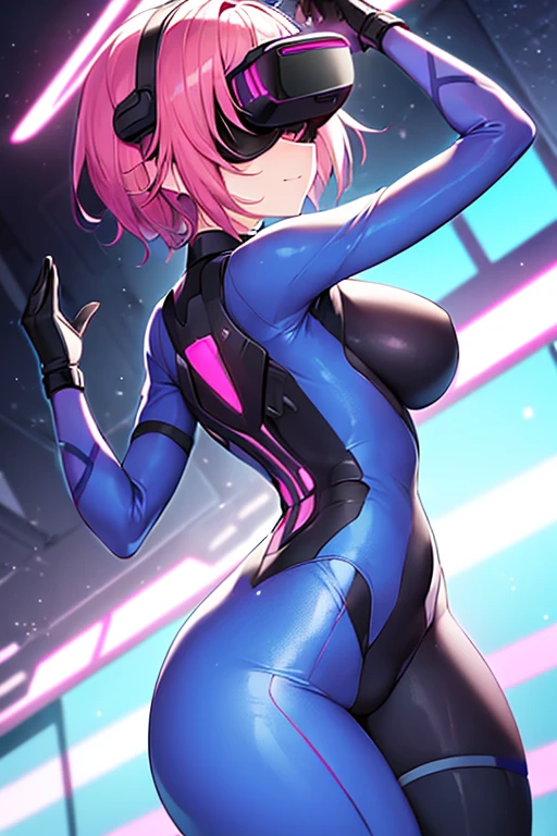 1girl, pink hair, very short hair, vr visors, visors, head-mounted display, ((covered eyes)), covered eyes, bodysuit, blue bodysuit, science-fiction, machinery, futuristic, tech, whit3 trim, blue neon trim, neon, neon trim, breasts, hourglass figure, mature frmale, large breasts, thick thighs, wide hips, swaying hips, hip sway, sway, arms behind back, arms up, hands behind back, smile, back, dance