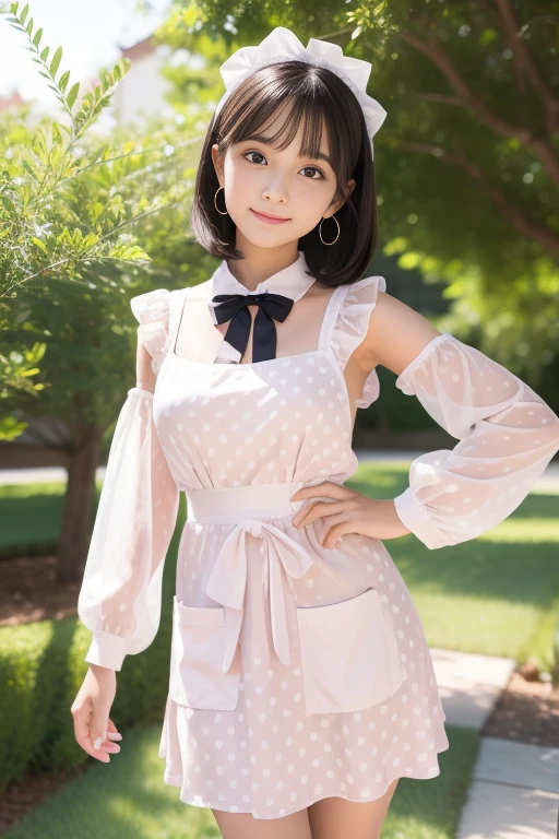 (Luxury Maxi Long Dress in Pink, Long sleeve ruffle, White maid apron, White Prim Head), (One leg up in polka dot panty shot:1.3), (full length, whole body), (Black Hair, 18-year-old, (Small waist and large bust style, low length:1.2), bob hair, Aqua Eye, Brush Sticker, small star earrings, Vivid eyes, Sister&#39;s Girl, Round face, Eyebrows downwards, Lightly reddish, Look at the viewers, Affectionate Cute, pretty girl, Surreal school girl, Look at the viewers, smile, Hina&#39;s Hymn), (Surrealism, Natural light, Depth of written boundary, Nikon, 8k, Super Detail, masterpiece, Attention to detail, Anatomically correct, Awards), View your viewers,Armpit sweat,Belt ,model,