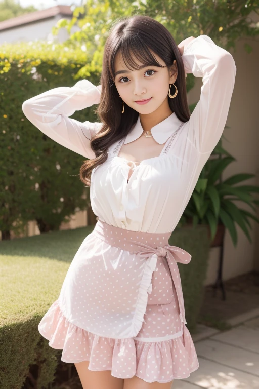 (Luxury Maxi Long Dress in Pink, Long sleeve ruffle, White maid apron, White Prim Head), (One leg up in polka dot panty shot:1.3), (full length, whole body), (Black Hair, 18-year-old, (Small waist and large bust style, low length:1.2), bob hair, Aqua Eye, Brush Sticker, small star earrings, Vivid eyes, Sister&#39;s Girl, Round face, Eyebrows downwards, Lightly reddish, Look at the viewers, Affectionate Cute, pretty girl, Surreal school girl, Look at the viewers, smile, Hina&#39;s Hymn), (Surrealism, Natural light, Depth of written boundary, Nikon, 8k, Super Detail, masterpiece, Attention to detail, Anatomically correct, Awards), View your viewers,Armpit sweat,Belt ,model,