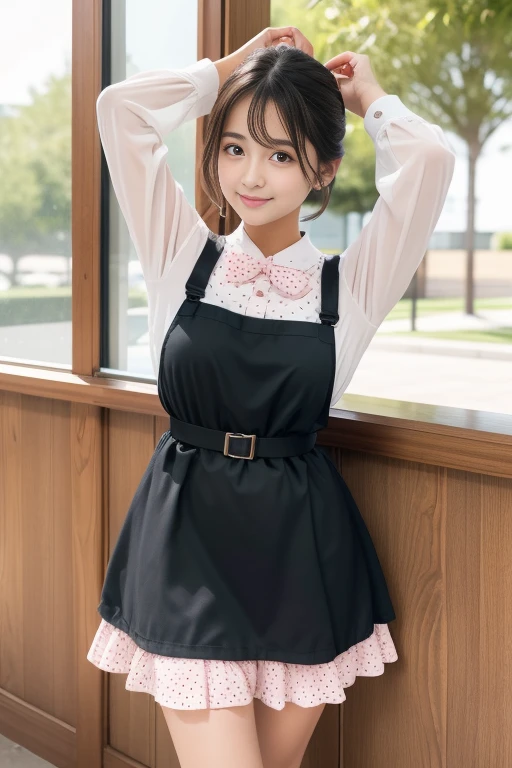 (Luxury Maxi Long Dress in Pink, Long sleeve ruffle, White maid apron, White Prim Head), (One leg up in polka dot panty shot:1.3), (full length, whole body), (Black Hair, 18-year-old, (Small waist and large bust style, low length:1.2), bob hair, Aqua Eye, Brush Sticker, small star earrings, Vivid eyes, Sister&#39;s Girl, Round face, Eyebrows downwards, Lightly reddish, Look at the viewers, Affectionate Cute, pretty girl, Surreal school girl, Look at the viewers, smile, Hina&#39;s Hymn), (Surrealism, Natural light, Depth of written boundary, Nikon, 8k, Super Detail, masterpiece, Attention to detail, Anatomically correct, Awards), View your viewers,Armpit sweat,Belt ,model,