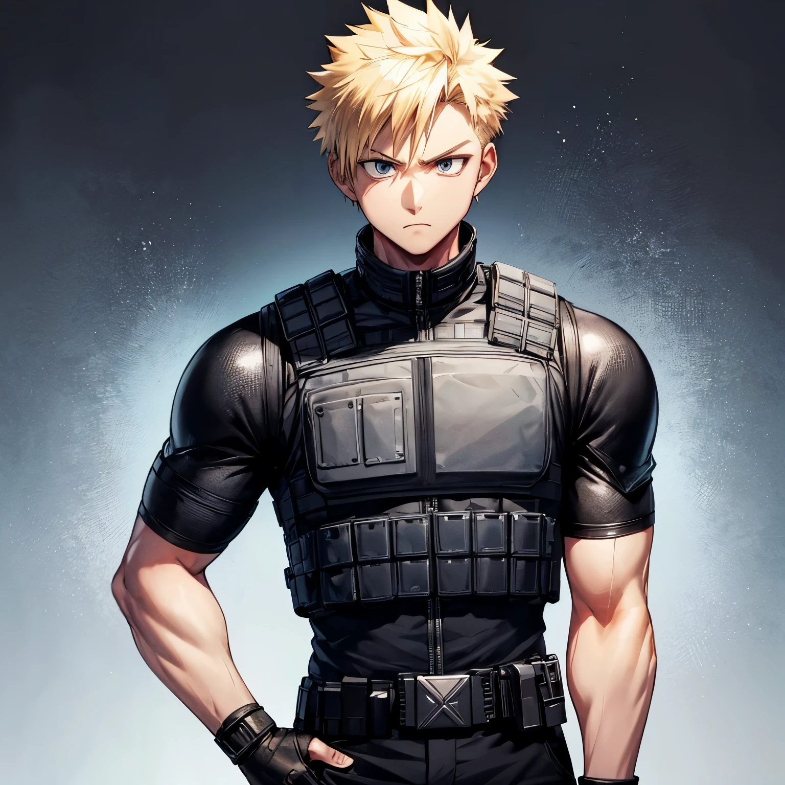 1man solo, standing, short hair, bulletproof vest, Small eyes, animated eyes, (bakugo katuki:0.75), blonde, black eyes, arms crossed, (28 years old:1.5), (spiked hair:0.9), upper body, black background, fair skin, tall, (scowl:1.1), European
