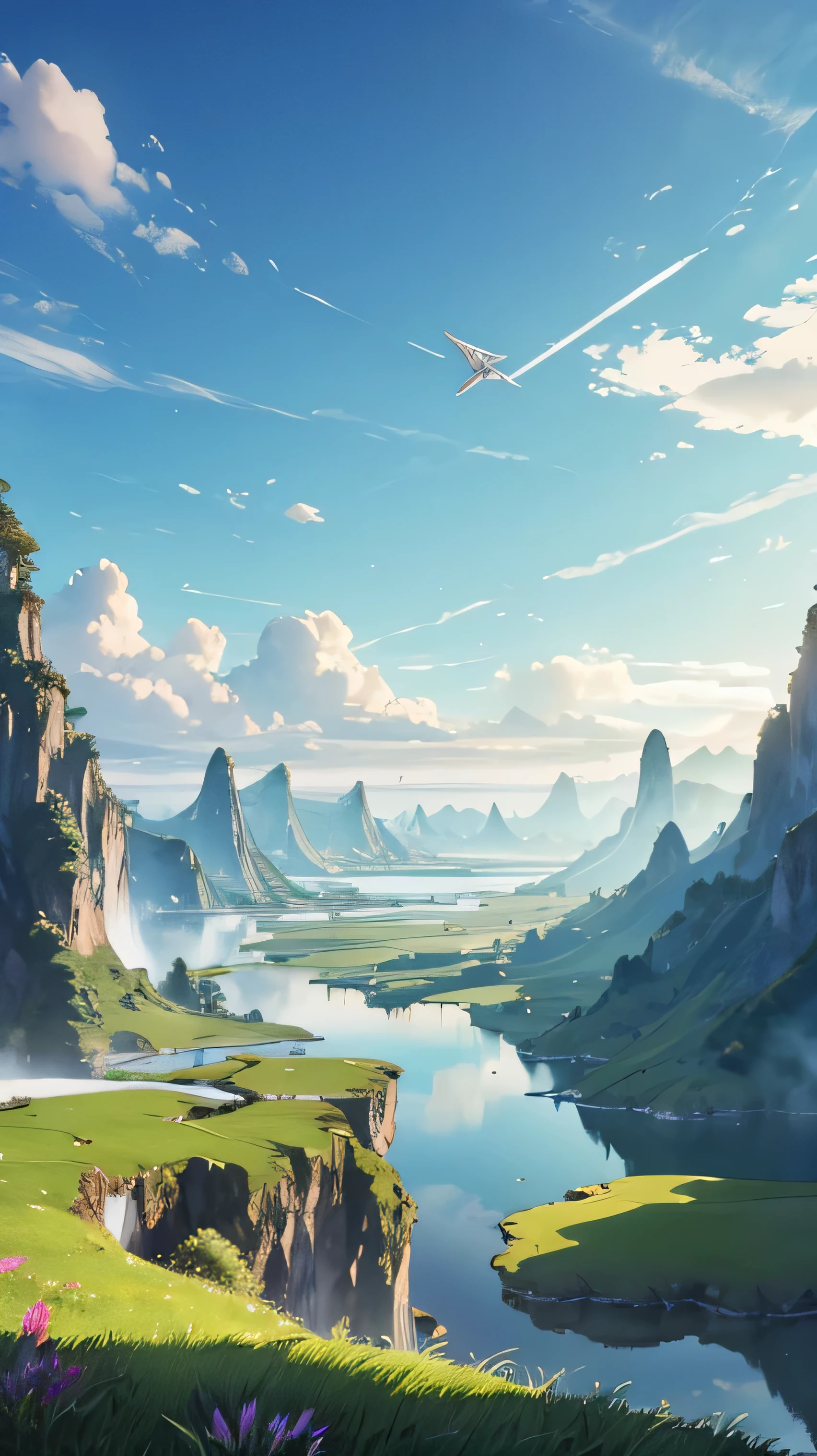 A beautiful grass field with floating islands in the sky and water cascades, and a silhouette carrying a sword from afar
