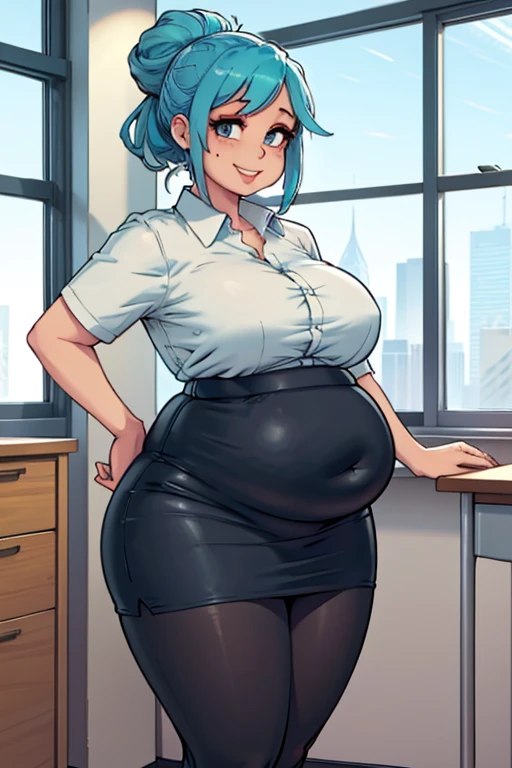art by Kipteitei, 1girl, (aqua blue hair), aqua blue hair, hair up tight bun, blue eyes, black pencil skirt, dress shirt, happy expression, (black hose), (plump), (stuffed_belly), (((tight clothes))), (wide hips), standing, leaning on an office desk, fancy office background with lots of windows, (cowboy shot), (best quality, masterpiece)