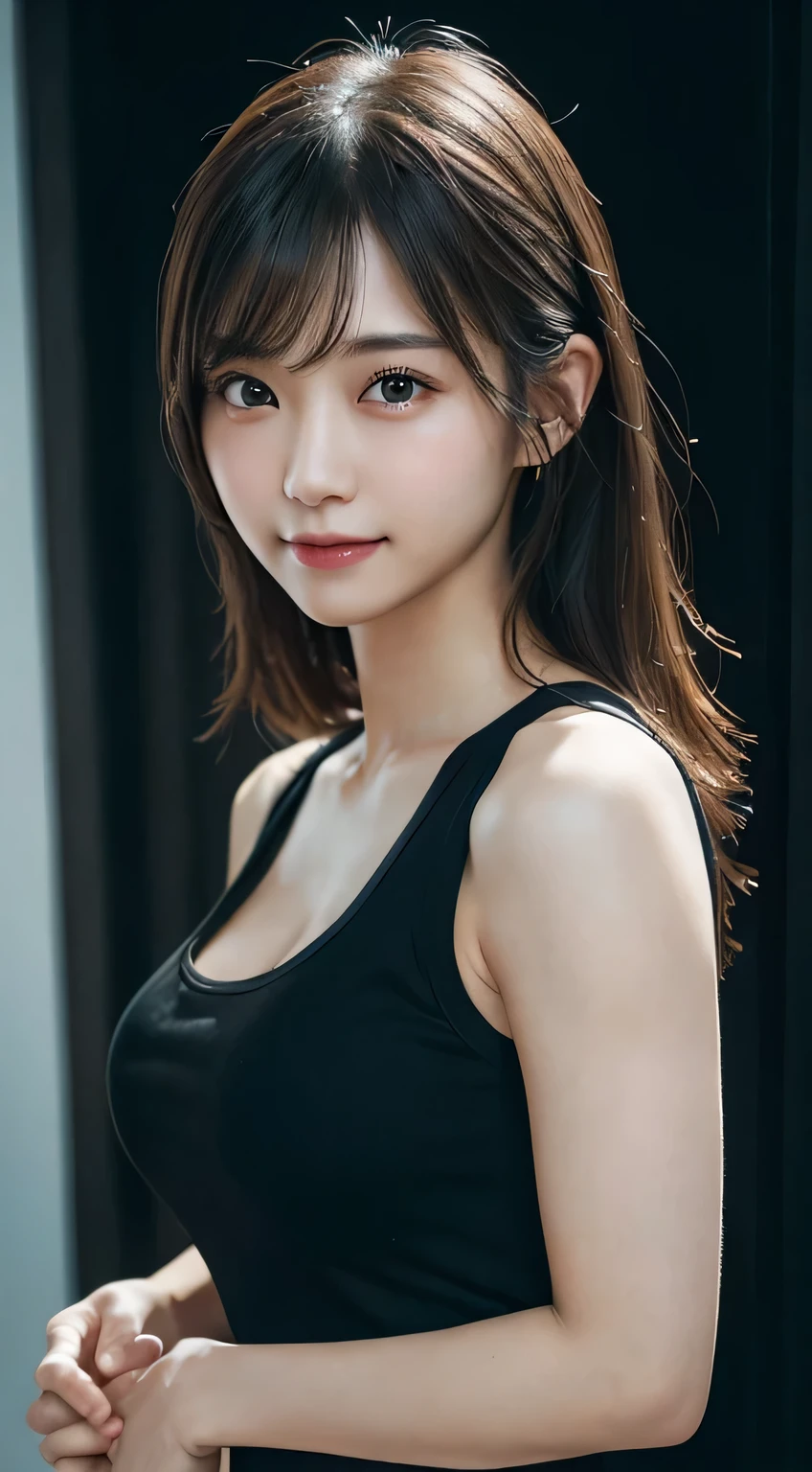 An innocent 20-year-old girl、((Black tank top, Dramatic Pose)),smile,shortcut,Gym、RAW Photos, (8k、highest quality、masterpiece:1.2)、(Intricate details:1.4)、(Photorealistic:1.4)、Octane Rendering、Complex 3D rendering with ultra-detail, studio soft light, Rim Light, Vivid details, Super Detail, Realistic skin texture, Detailed aspect, Beautiful details in the eyes, Highly detailed CG Unity 16k wallpaper, compensate, (Detailed Background:1.2), Glowing Skin, whole body、Cleavage,((standing with hands clasped behind the back、Leaning forward、Angle from above))
