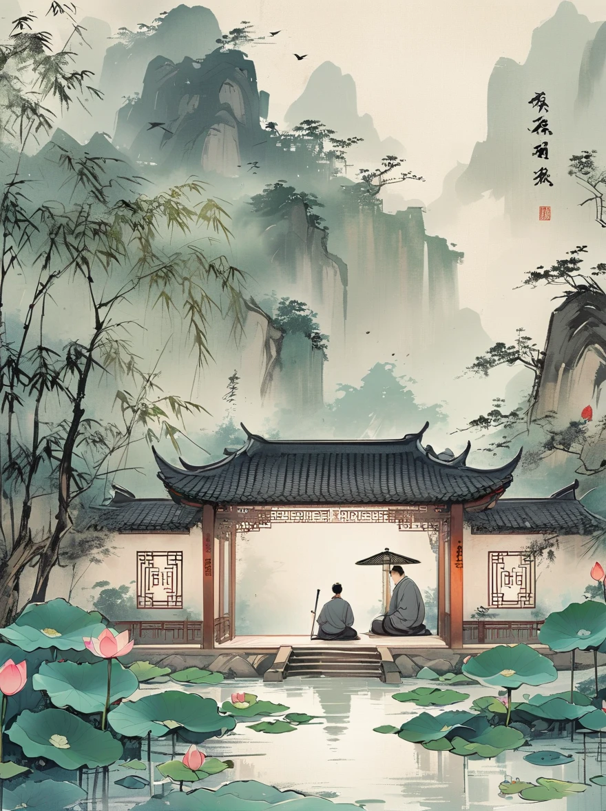Chinese mobile phone wallpaper, Foggy lake at night，Lotus flowers floating above the Buddha statue, A man sits cross-legged under a bridge，Facing the audience, In HOURPyflam style, Light green and dark gray background, simple, elegant, peaceful, high resolution, Ink Painting, Chinese, 