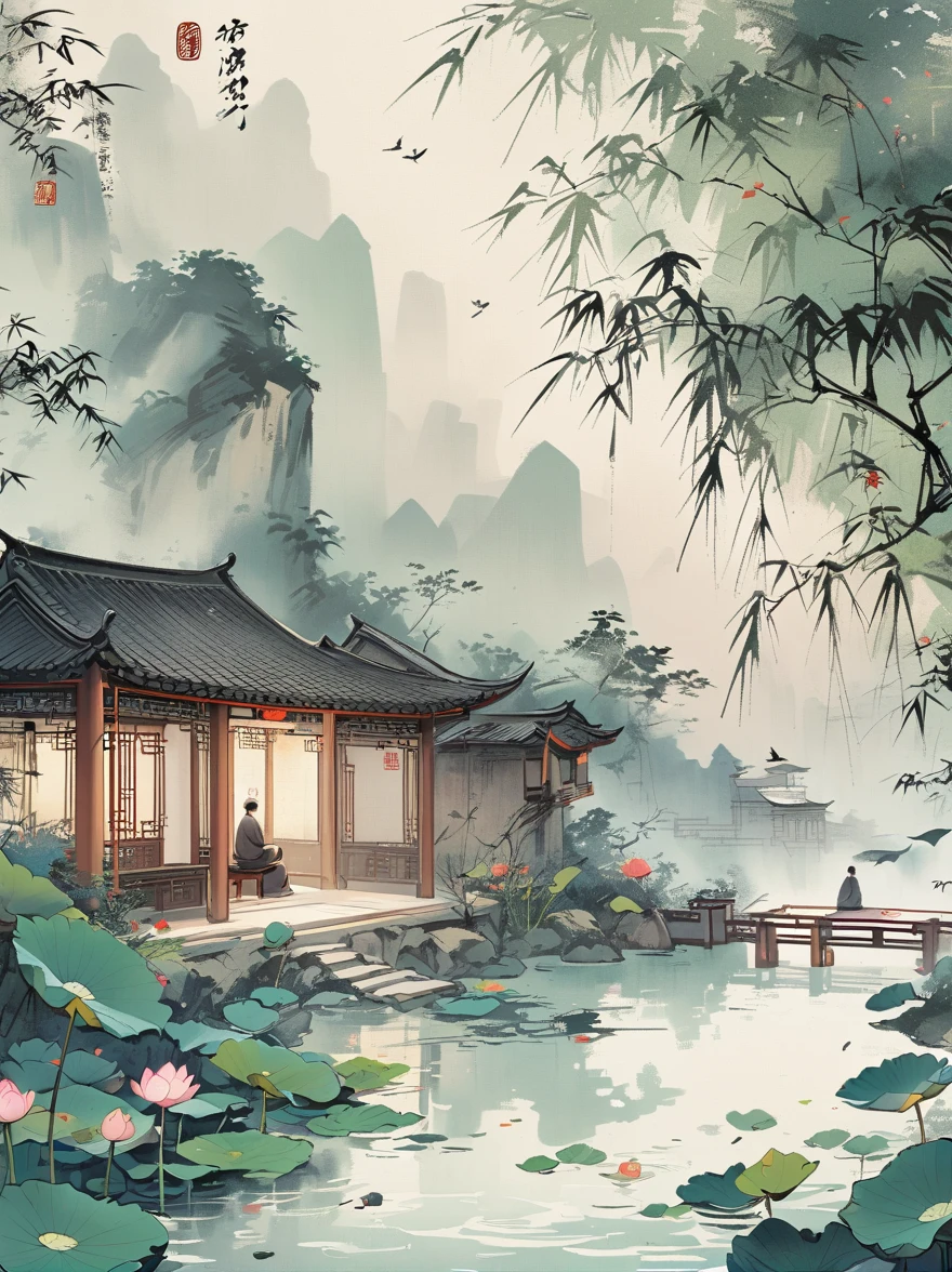 Chinese mobile phone wallpaper, Foggy lake at night,Lotus flowers floating above the Buddha statue, A man sits cross-legged under a bridge,Facing the audience, In HOURPyflam style, Light green and dark gray background, simple, elegant, peaceful, high resolution, Ink Painting, Chinese,