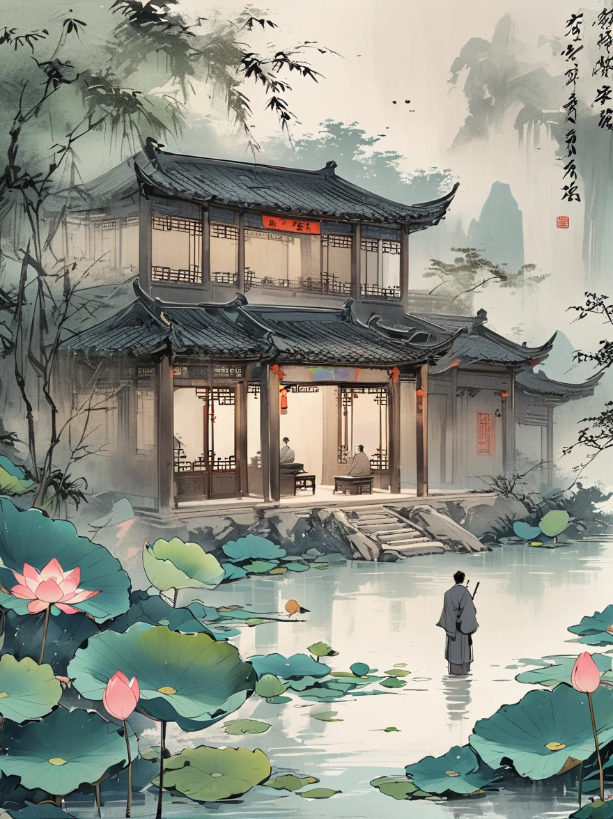 Chinese mobile phone wallpaper, Foggy lake at night,Lotus flowers floating above the Buddha statue, A man sits cross-legged under a bridge,Facing the audience, In HOURPyflam style, Light green and dark gray background, simple, elegant, peaceful, high resolution, Ink Painting, Chinese,
