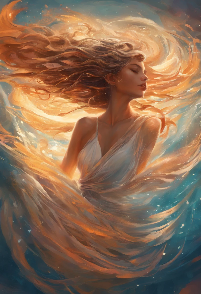 In the ethereal realm of the astral plane, a captivating woman is depicted with her eyes closed, lost in the expanse of her dreams. Her long, flowing hair dances in the wind, as if caressed by the unseen forces of the universe. Swirling flows of magical energy radiate from her being, channeling the cosmic power of the swirling water cosmos. This dreamlike digital painting, inspired by the maestro Cyril Rolando, immerses us into a world of enchantment and wonder. The intricate, swirling energy around her forms a mesmerizing, otherworldly atmosphere, transporting us beyond the borders of reality. In the highest level of detail, every