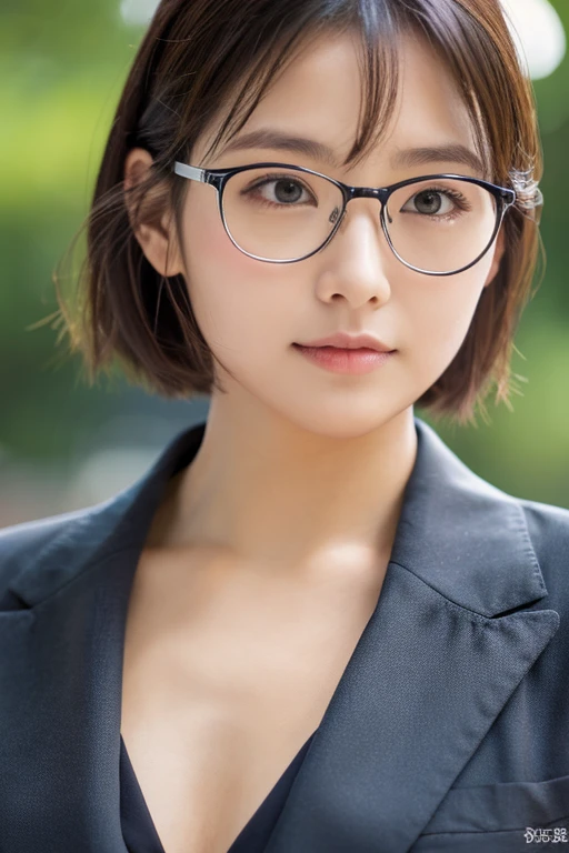 sexy、Inconspicuous、Quiet、beautiful girl、Japanese、Beautiful breasts、Short Bob、suit、round face、Thin, silver-rimmed round glasses、job hunting、Big Breasts,Ultra-realistic capture, Highly detailed, High resolution 16k close-up of human skin. Skin texture must be natural, With such detail that pores can be finely identified. Skin should look healthy, In a uniform tone. Use natural light and color,(RAW Photo, Best Quality), best Quality, Highly Detailed, Masterpiece, Ultra Detailed