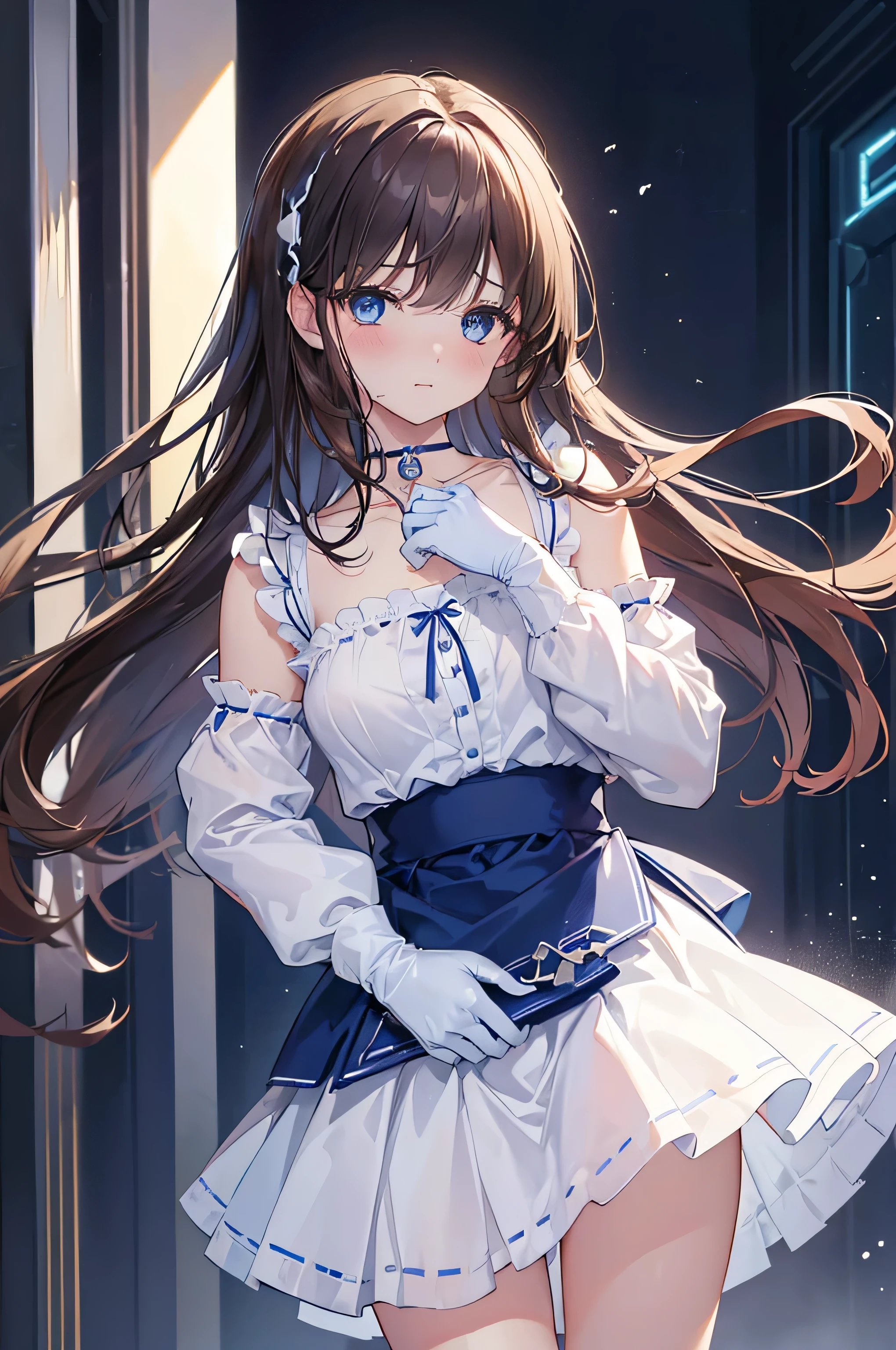 detailed face, cute face,brown eye, ((highest quality)), ((masterpiece)), ((1 girl)), alone, ferry, ((long hair)), ferryBase, ((Thighhighs)), bare shoulders, ((jewelry)), ((No sleeve)), white dress, blue skirt, ((gloves)), thigh height,