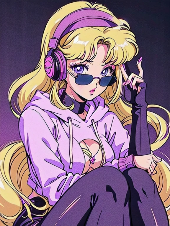 (Blonde Barbie:1.2),(vintage 90's:1.1),(romance anime style:1.3), white glasses, headphones, dark cyberpunk, dystopia, dark color scheme with a black and purple background, curly hair, slouched hoodie, leggings, simple background