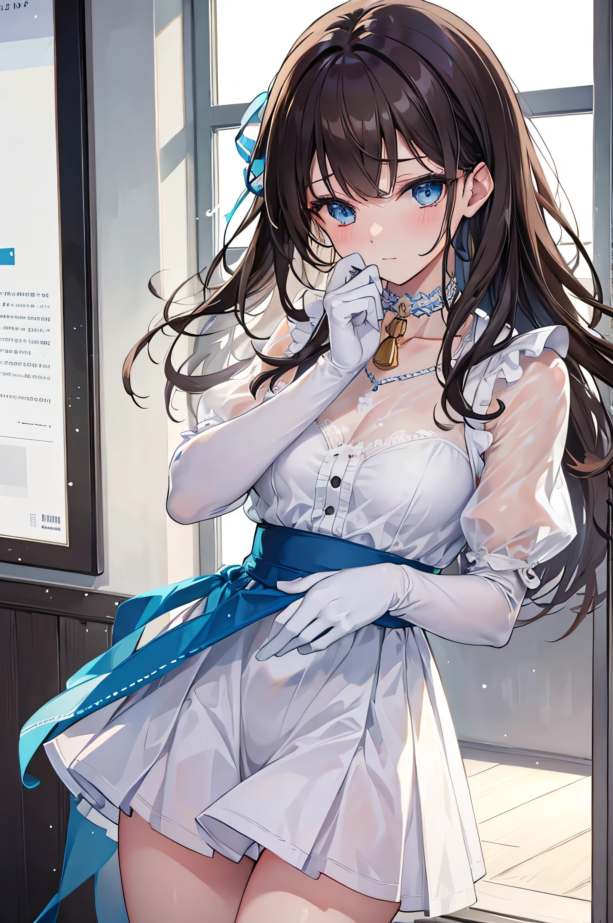 (8k, highest quality, masterpiece:1.2),((Browsing Caution, masterpiece, highest quality)), ((Ultra-high resolution)), (Photorealistic),(Blue colored eyes),((Garment Details)),High quality CG Unity 8k, concentrated, Realistic, Shadow, Soft lighting, Cowboy Shot, brown hair, Flutter Hair, nice, A gentle smile, Village Girl, High Waist Skirt, White Skirt, Long sleeve, ribbon, White Dress, gloves, Choker Noble Necklace,The skirt is rolled up,Embarrassed look、The expression of someone who is holding back from going to the toilet, (Sexual pleasure expression:1.4), (semen overflow:1.5),whole body