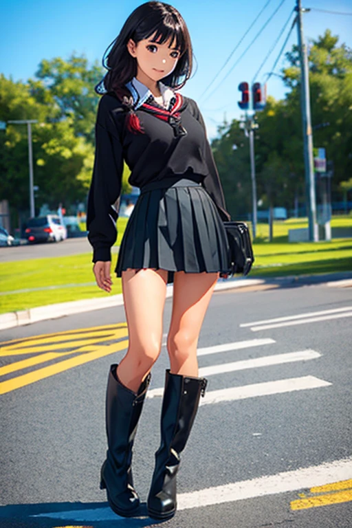 hi-school girl,Black miniskirt,Black boots