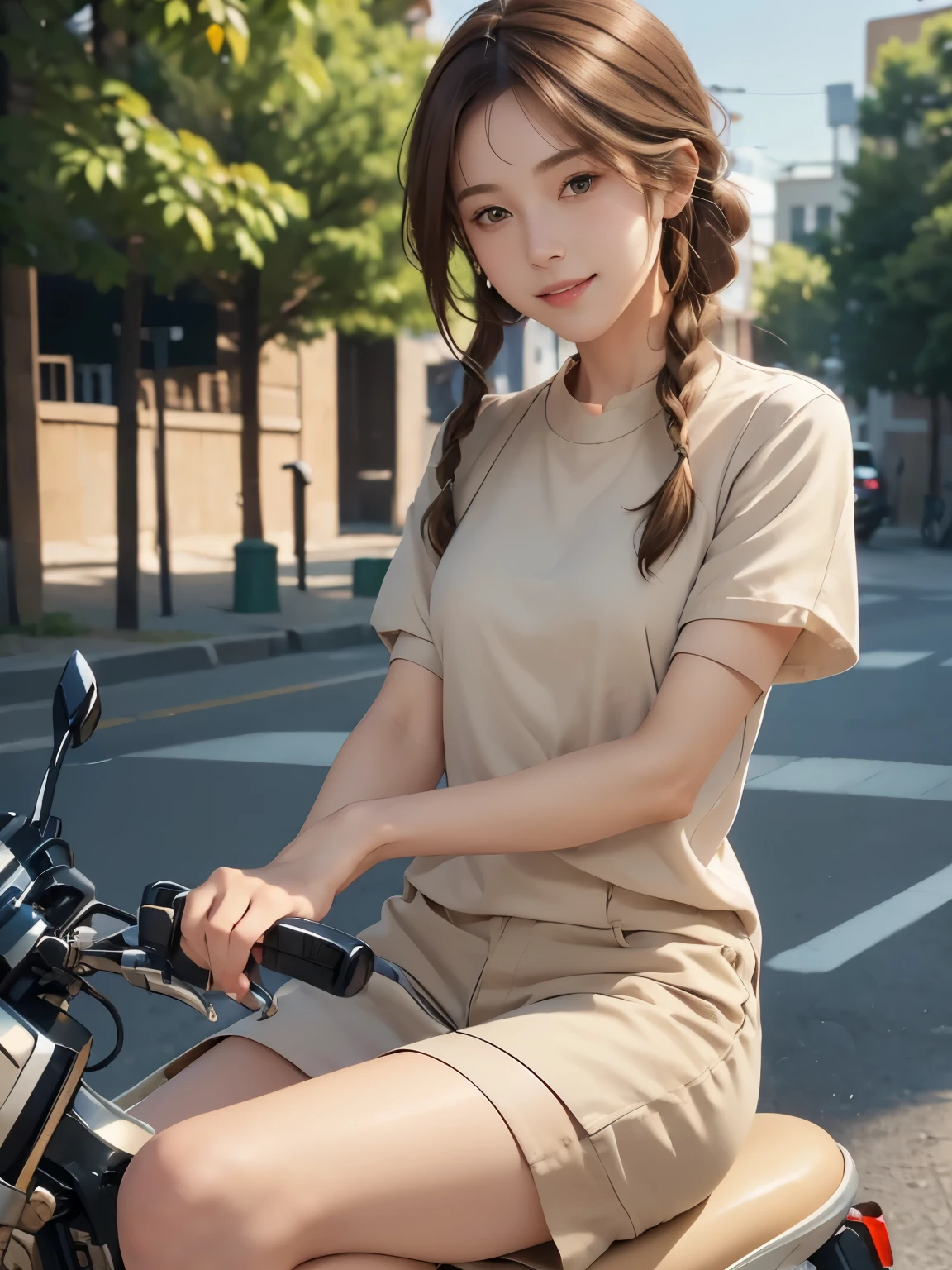 (masterpiece:1.3), (8k, Realistic, RAW Photos, highest quality:1.4), (Realistic face), (brown hair, Braided hair:1.3), Beautiful hairstyle, Realistic eyes, Beautiful small blue eyes, (Realistic skin), (Beautiful Skin), (((Riding a motorcycle outdoors))), charm, Ultra-high resolution, Surreal, Golden Ratio, Long limbs、((smile)), ((full body shot)), ((((Beige short-sleeved shirt))))、((Skinny jeans and sneakers))