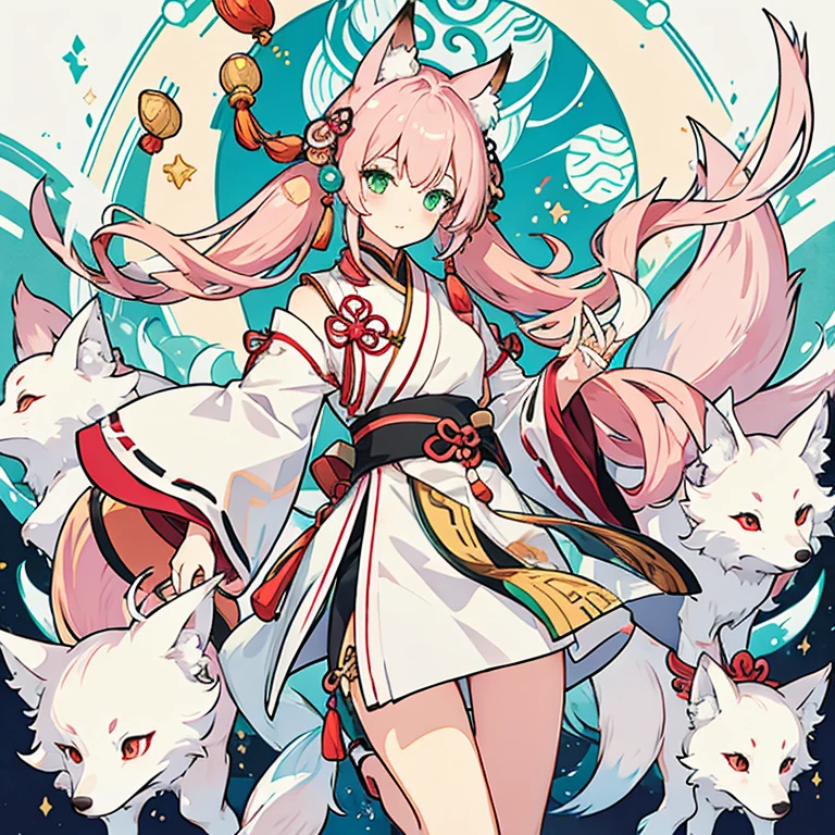 whole body、front、A mix of Chinese and Japanese clothing、Whitish clothes、Fox ears、Fox tail、Pink Hair、Green Eyes、Low Twintails