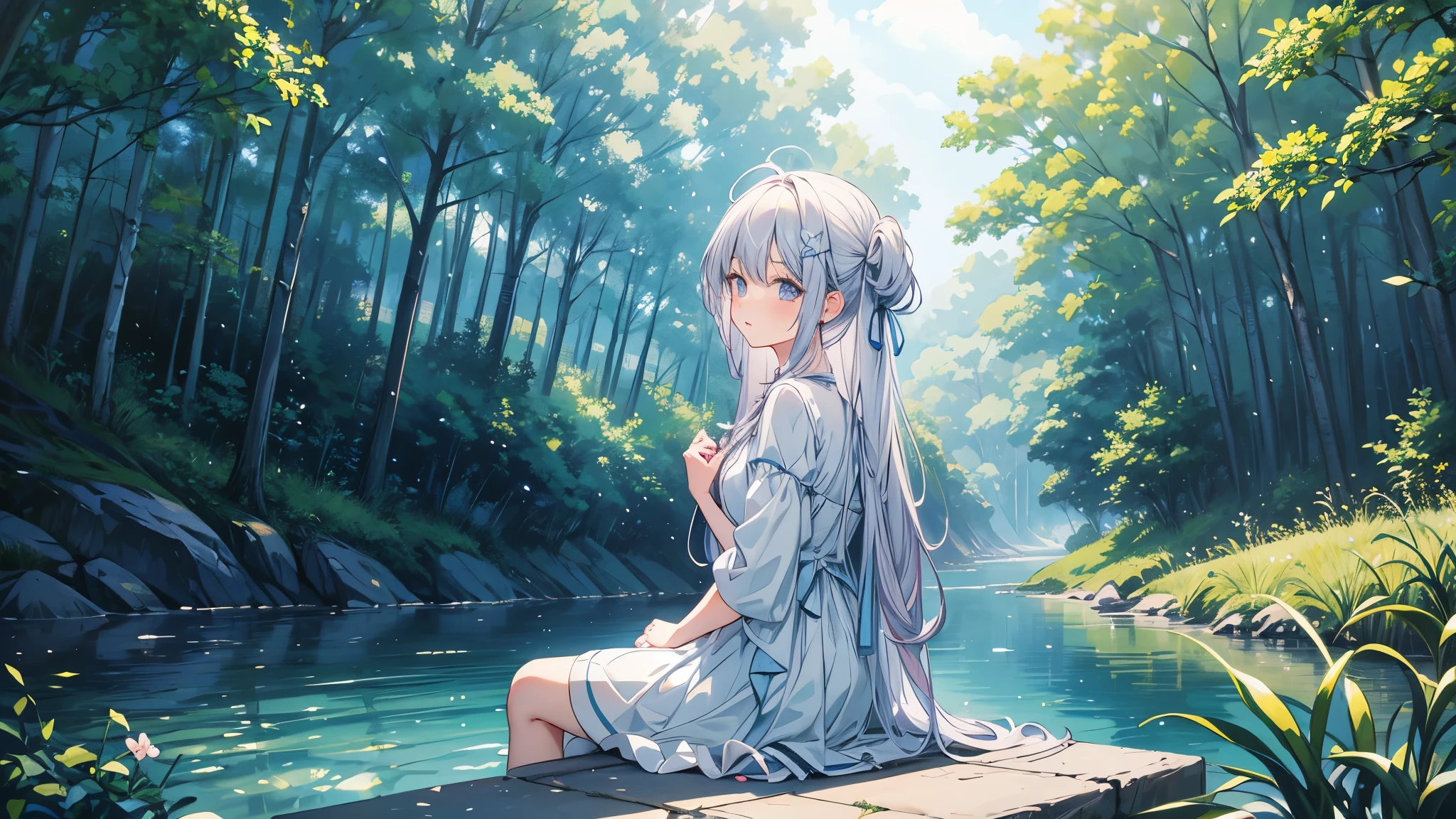 Anime Girl, light blue dress, white with a hint of light purple hair, sitting by the river, forest, nature, current, night , the grass glows blue.