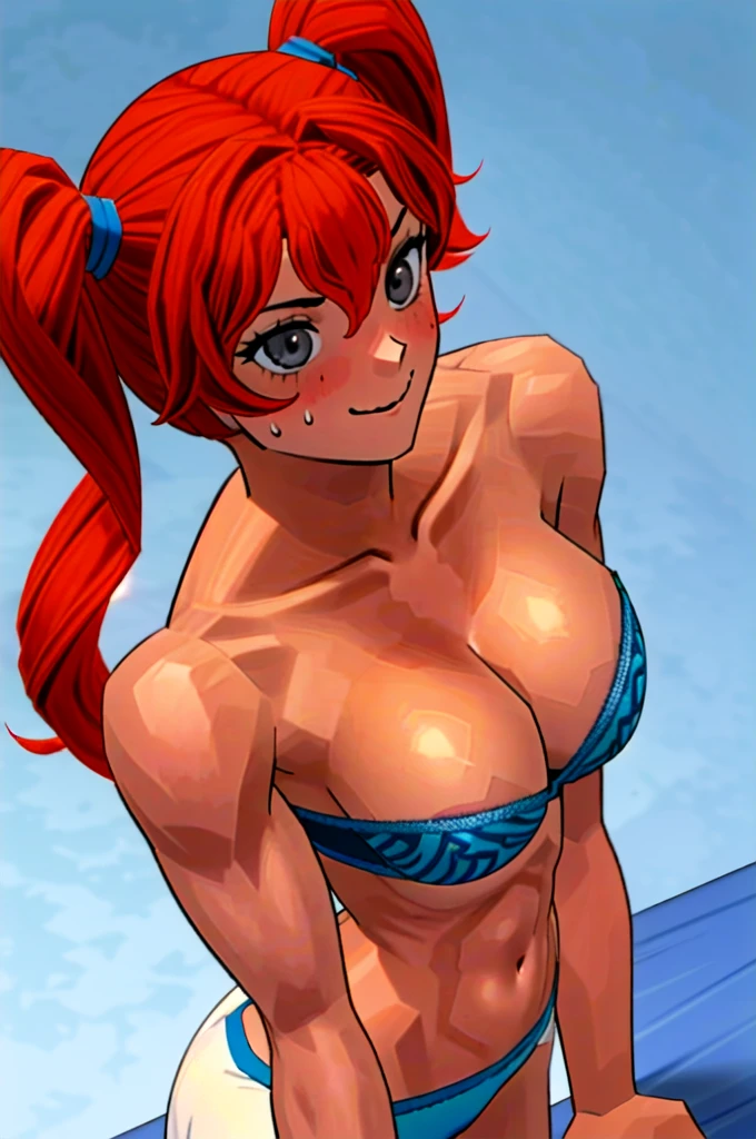 Twintail, red haired, 1girl, (grey eyes:1.5), well toned, well built, muscled, toned muscles, blushing, sweating, smiling, She is depicted in a solo composition, with captivating grey eyes her hair in a side ponytail being held by a blue ribbon that looks like bunny ears and a striking pink bra and pantie's. She lays on top of a bed, viewed from above." (she is pulling with the tip of her finger her bra away from her chest:1.3)