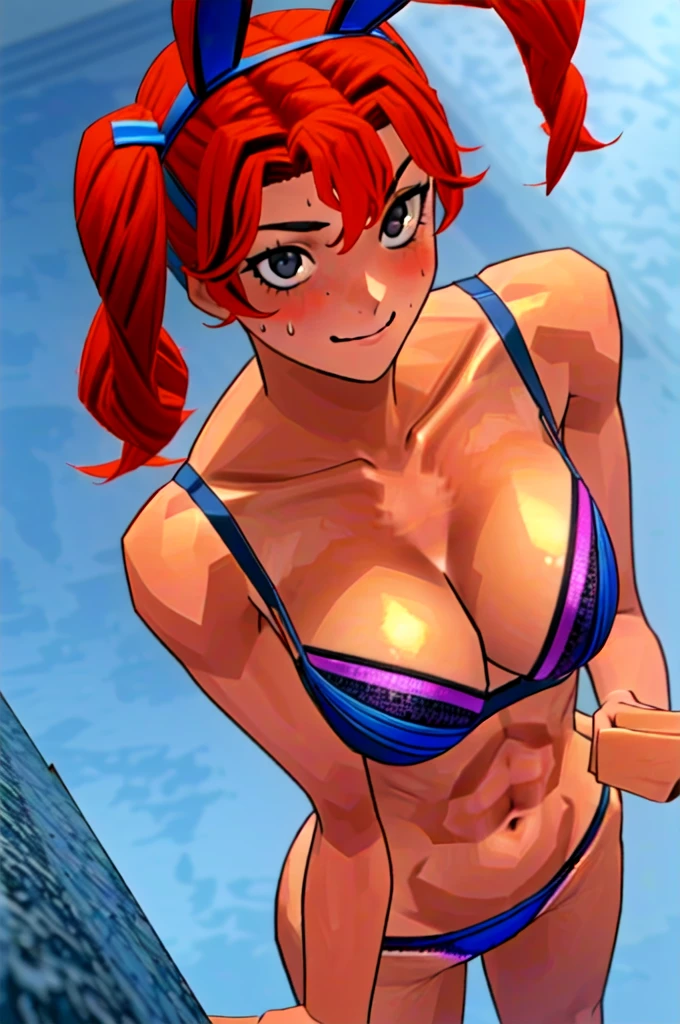 Twintail, red haired, 1girl, (grey eyes:1.5), well toned, well built, muscled, toned muscles, blushing, sweating, smiling, She is depicted in a solo composition, with captivating grey eyes her hair in a side ponytail being held by a blue ribbon that looks like bunny ears and a striking pink bra and pantie's. She lays on top of a bed, viewed from above." (she is pulling with the tip of her finger her bra away from her chest:1.3)