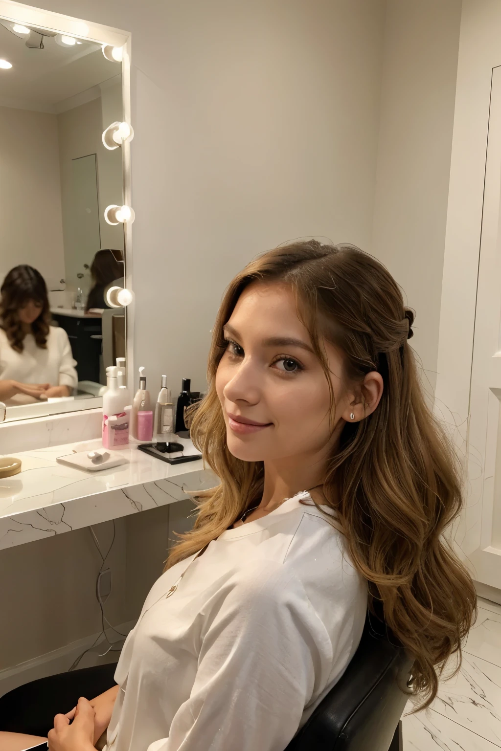 (best quality,4k,8k,highres,masterpiece:1.2),ultra-detailed,(realistic,photorealistic,photo-realistic:1.37),long blonde hair,honey-colored eyes,30-year-old Latina woman,beautiful detailed eyes,beautiful detailed lips,extremely detailed eyes and face,long eyelashes,in a beauty salon,visiting a stylist,having her hair styled in a hairdresser's salon,stylist cutting her hair with precision,women's beauty products displayed on the shelves,modern and stylish salon interior,comfortable and luxurious salon furniture,stylist using professional hair styling tools,stylist using heat styling tools to create voluminous curls,blow dryer and brush creating a sleek and smooth hairstyle,hair stylist providing personalized and attentive service,elegant and trendy hairstyle that accentuates her features and personality,stylist applying hair care products for extra shine and smoothness,vivid colors,studio lighting to enhance her beauty and the ambience of the salon,bokeh lights creating a dreamy atmosphere,playful and fashionable outfit that reflects her style and confidence,reflection of herself in the mirror, satisfied smile on her face as she admires her new hairstyle.