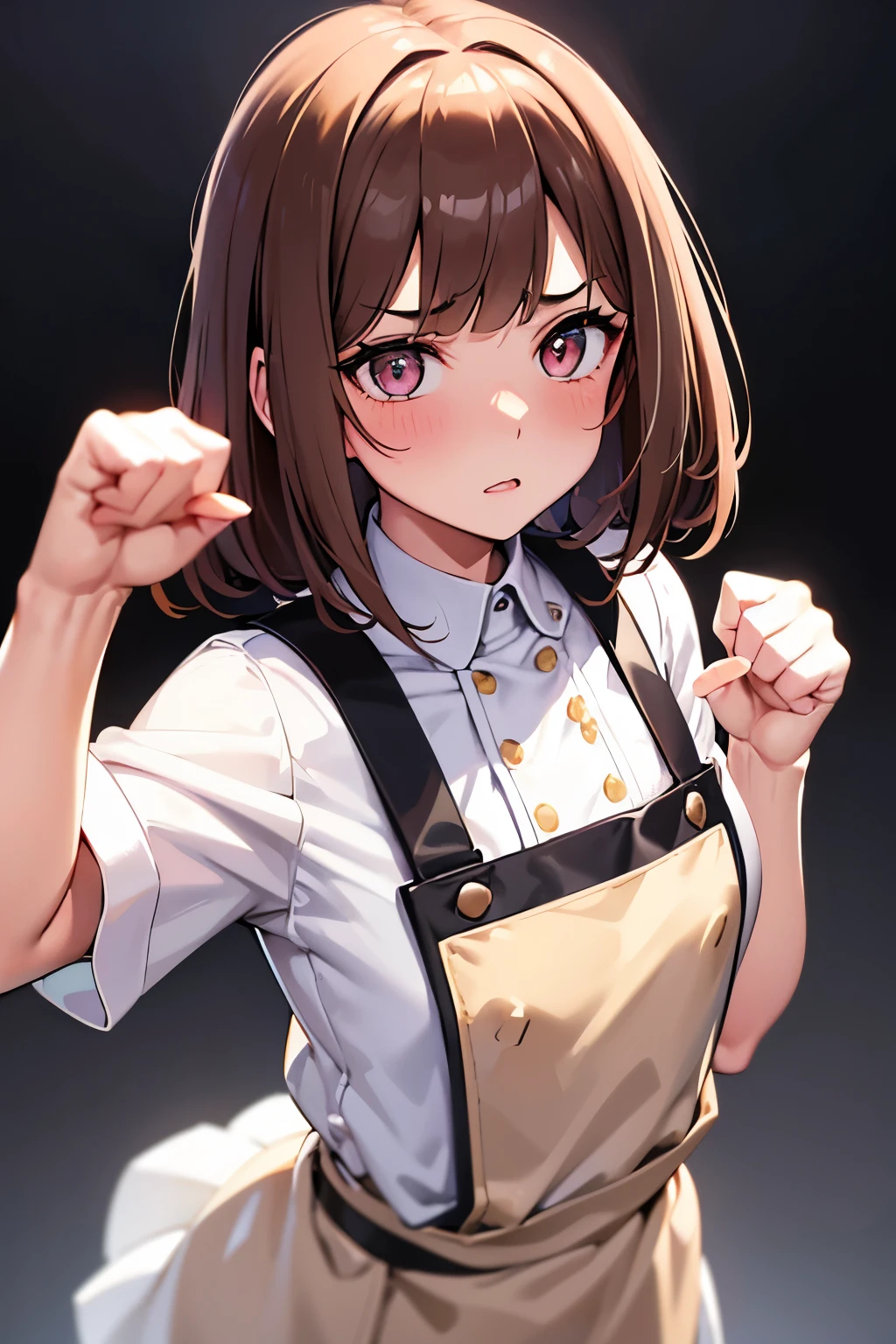 Particularly distinctive are Blunt bangs,Blunt bangs, chin length, without vertical parting,Pinkish-Brown hair and large gold-brown tinted eyes,Soft skin tone with a hint of blush on the cheeks,A small nose and a lively,Wearing a blouse with a white collar and a blue apron,Pose punching with fist in front,Threatening expression,background pure white
