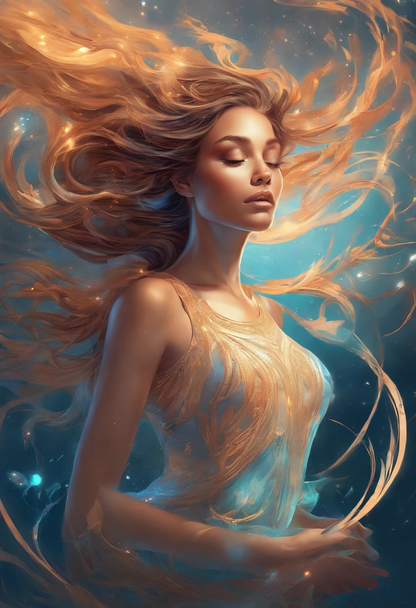 In the ethereal realm of the astral plane, a captivating woman is depicted with her eyes closed, lost in the expanse of her dreams. Her long, flowing hair dances in the wind, as if caressed by the unseen forces of the universe. Swirling flows of magical energy radiate from her being, channeling the cosmic power of the swirling water cosmos. This dreamlike digital painting, inspired by the maestro Cyril Rolando, immerses us into a world of enchantment and wonder. The intricate, swirling energy around her forms a mesmerizing, otherworldly atmosphere, transporting us beyond the borders of reality. In the highest level of detail, every