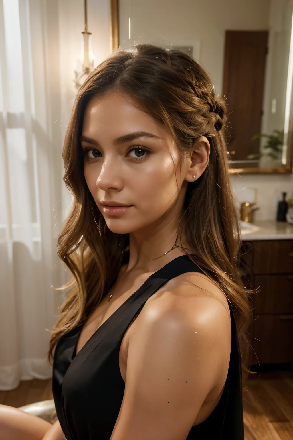 (best quality,4k,8k,highres,masterpiece:1.2),ultra-detailed,(realistic,photorealistic,photo-realistic:1.37),Latina woman with long, flowing blonde hair and stunning honey-colored eyes, sitting in a modern and luxurious beauty salon. The salon is beautifully decorated with elegant mirrors, plush chairs, and an abundance of natural light streaming in through large windows. The atmosphere is calm and serene, with soft music playing in the background.
The woman is surrounded by a team of highly skilled stylists, who are all focused on creating a masterpiece with her hair. The stylist attending to her has a confident and professional demeanor, wearing a chic black gown with a stylish apron. She is using state-of-the-art hairstyling tools and products to enhance the woman's natural beauty.
The Latina woman is beaming with excitement and anticipation, as she trusts the stylist to transform her hair into a stunning work of art. Her long blonde hair cascades down past her shoulders, shining and reflecting the light in a captivating manner.
The stylist's expert hands skillfully manipulate the woman's hair, creating intricate braids and elegant updos. She pays meticulous attention to every strand, ensuring that the hairstyle perfectly complements the woman's features and personal style. With each gentle touch and precise movement, the stylist brings out the best in the woman's hair, enhancing its volume, shine, and texture.
As the stylist works her magic, the woman can't help but feel pampered and beautiful. The wonderful aroma of high-quality hair products fills the air, adding to the blissful ambiance. She admires her reflection in the mirror, mesmerized by the radiant transformation taking place before her eyes.
The color palette of the scene is warm and inviting, with soft earthy tones mixed with hints of gold and copper. The lighting is soft and diffused, accentuating the woman's features and creating a flattering glow.
This artwork captures the essence of beauty, s