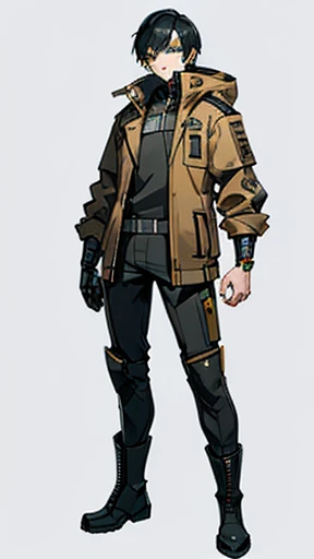 ((Concept ART)) ,(( best quality)), human Male , Pointy Black short hair , wearing cyberpunk outfit , Brown wearing Jacket , wearing goggles, wearing Boots , Full body , yellow eyes