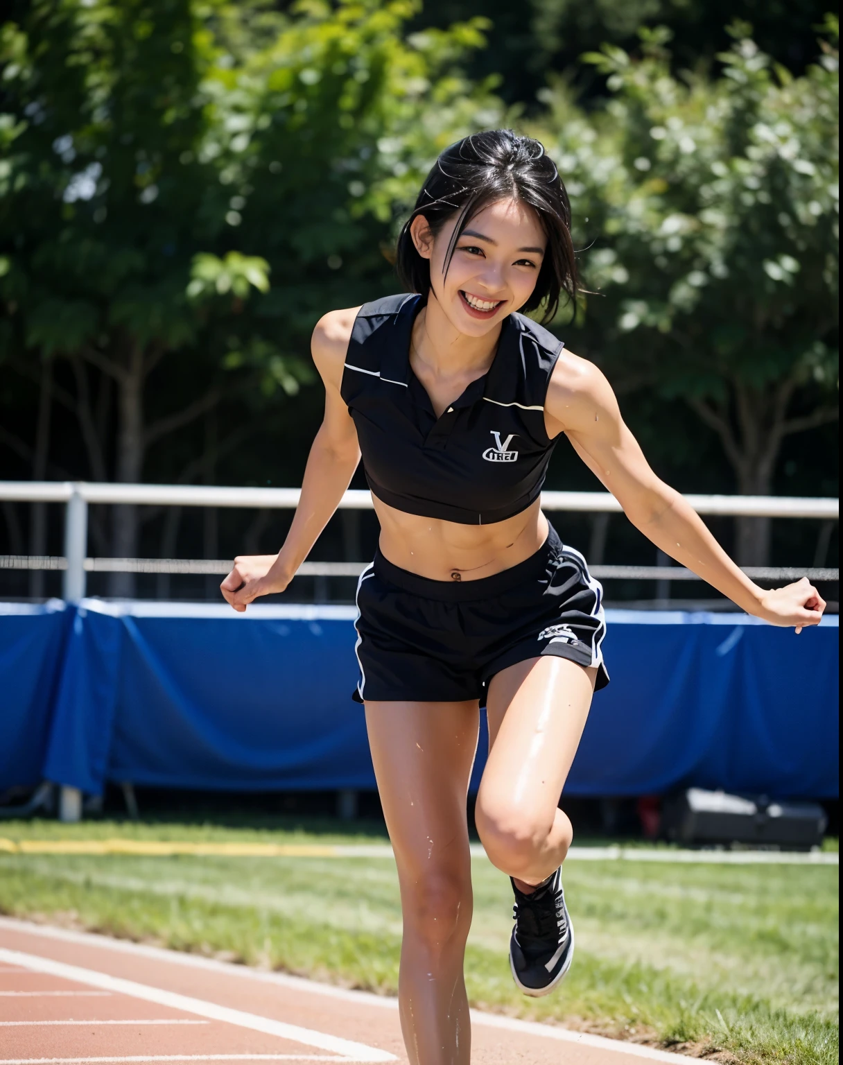 NSFW,one japanese girl, Front view, stand, Looking at the audience, Exposed Skin, (From below),Brown eyes, (very short hair with black hair:1.2), (bright hair), (Medium chest:1.4), Smiling with white teeth, (Photorealistic:1.4), (Best image quality:1.0), (Ultra-high resolution:1.0), 8k, Raw photo, (masterpiece:0.2), タイトなAthletics uniforms, Show off your abs, ((Sweaty, Wet)), Full Body, Outdoor, Athletics,blush:1.5,18-year-old,Bare thighs