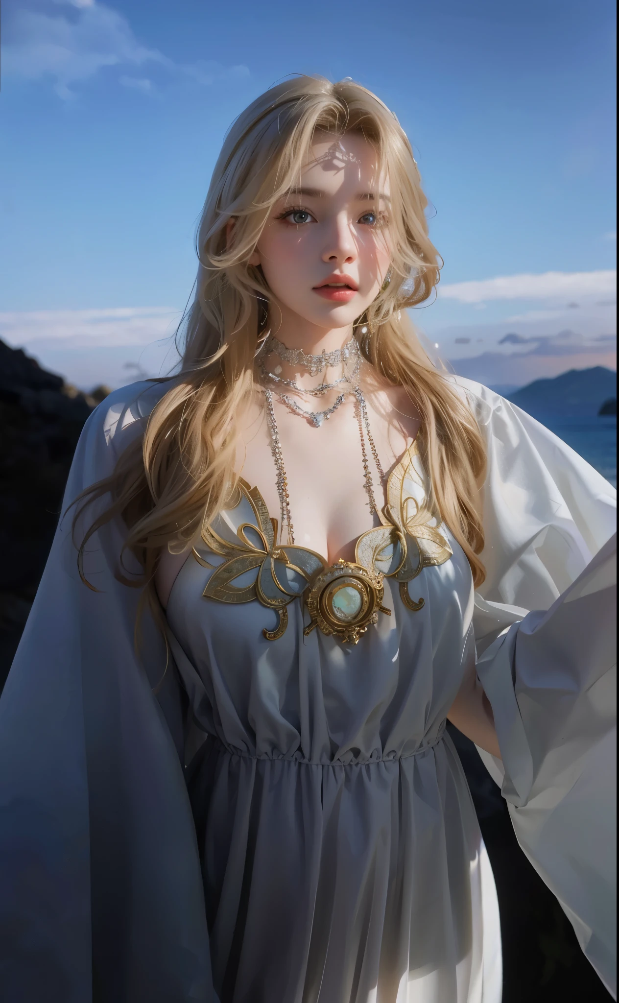 Game Art，Best image quality，Maximum resolution，8k，(A half-length photo)，(portrait)，(Head close-up)，(Rule of Thirds)，Unreal Engine 5 rendering works，20 year old girl，((Queen))，Eyes are very detailed，(Large Breasts)，Elegance and nobility，movie lights，Ray Tracing，Game CG，((3D Unreal Engine))，OC rendering reflection pattern，4K，Ultra-clear，Translucent lace，Fair and plump figure，Pretty Face，Glossy Gel Coat，身着华贵礼服的Queen，Necklace jewelry，dark blue pupils(Like the eyes of the starry sky)，Gold Jewelry，Wearing a white cloak robe