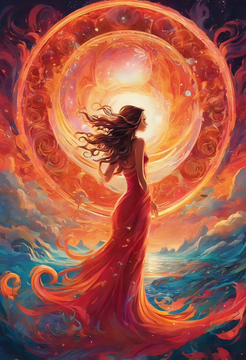 In the ethereal realm of the astral plane, a captivating woman is depicted with her eyes closed, lost in the expanse of her dreams. Her long, flowing hair dances in the wind, as if caressed by the unseen forces of the universe. Swirling flows of magical energy radiate from her being, channeling the cosmic power of the swirling water cosmos. This dreamlike digital painting, inspired by the maestro Cyril Rolando, immerses us into a world of enchantment and wonder. The intricate, swirling energy around her forms a mesmerizing, otherworldly atmosphere, transporting us beyond the borders of reality. In the highest level of detail, every(vestido casamento vermelho e longo)