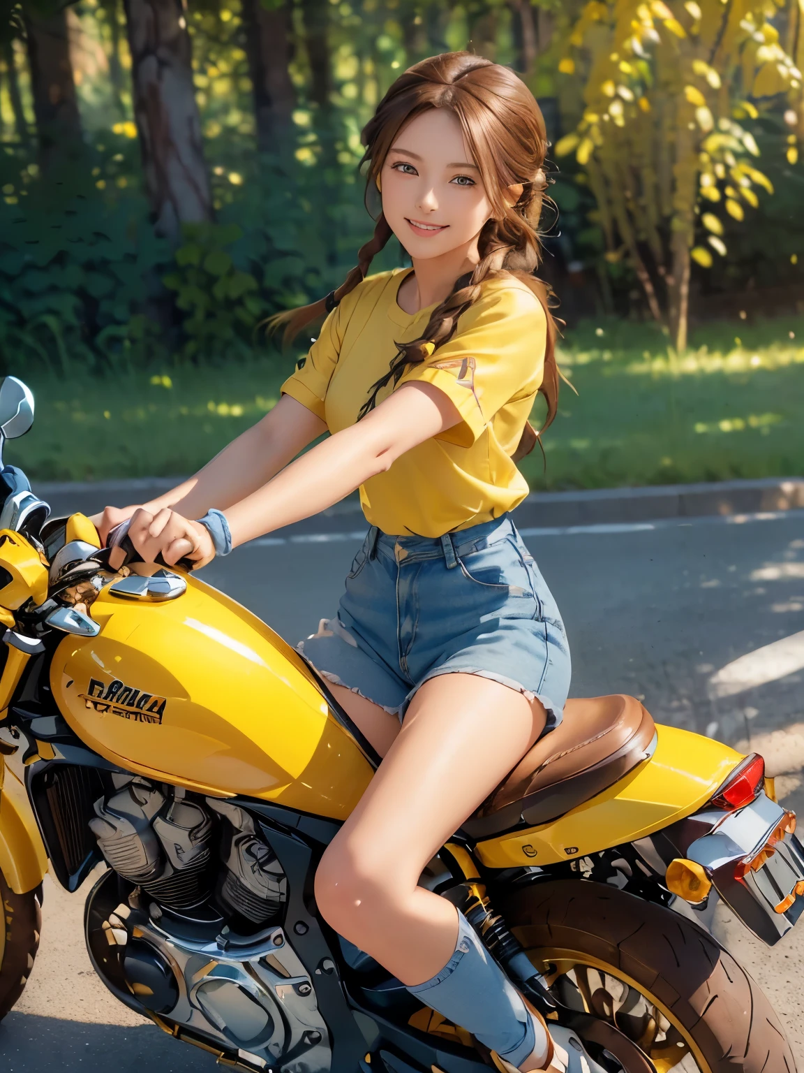 (masterpiece:1.3), (8k, Realistic, RAW Photos, highest quality:1.4), (Realistic face), (brown hair, Braided hair:1.3), Beautiful hairstyle, Realistic eyes, Beautiful small blue eyes, (Realistic skin), (Beautiful Skin), (((Riding a motorcycle outdoors))), charm, Ultra-high resolution, Surreal, Golden Ratio, Long limbs、((smile)), ((full body shot)), ((((Yellow short sleeve shirt))))、((Skinny jeans and sneakers))