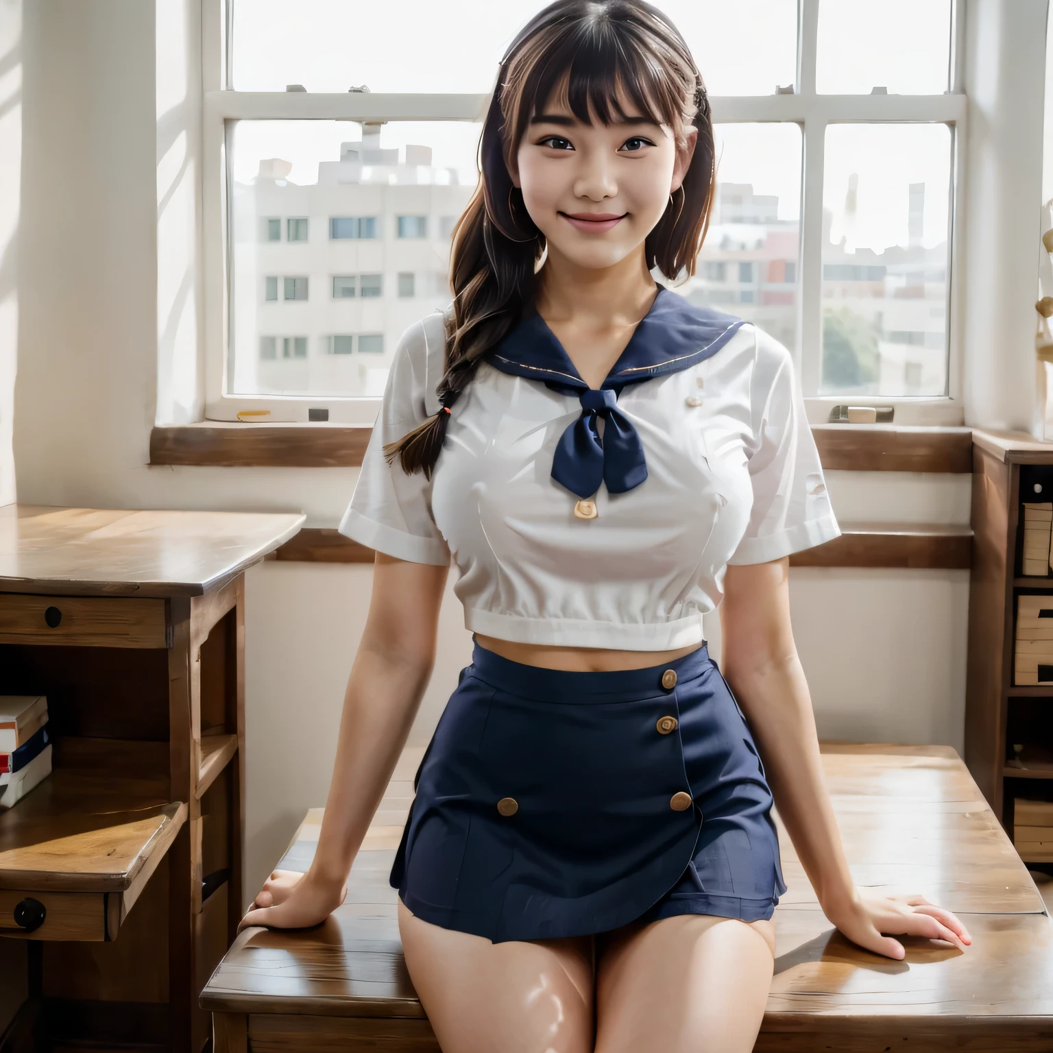 masterpiece, reality, 8k, intricate details, sharp focus,(full_body), 1girl, in the classroom, (beautiful young girl, 18 years old), wearing a sailor shirt and mini skirt, with a ponytail and bangs, smiling, Showing thighs, looking at viewer, large breasts, front view, bokeh, shot from below