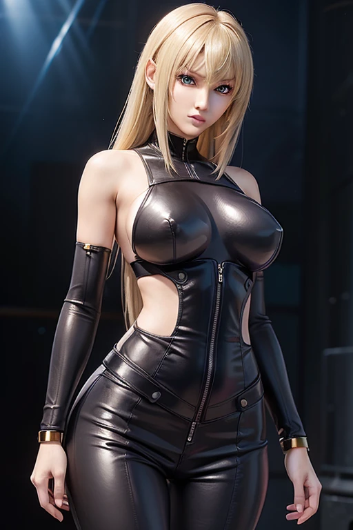 Anime realistic and complex perfect beauty detailed face, Detailed sharp galaxy glowing eyes, (((From face to waist:1. 2))), (((slender beauty)))high quality, 最high quality , 1080p, 16k、ultimate beauty、Long blonde hair、bangs、Straight Hair、Handsome、detailed blue eyes、Bewitching style、Perfect body, Big Breasts、big breasts、Small waist、Thigh、Bold Pose、