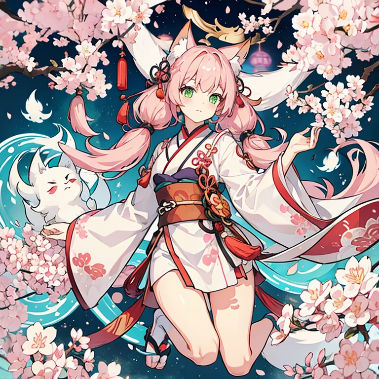 whole body、front、A mix of Chinese and Japanese clothing、Whitish clothes、Fox ears、Fox tail、Pink Hair、Green Eyes、Low Twintails、cherry blossoms